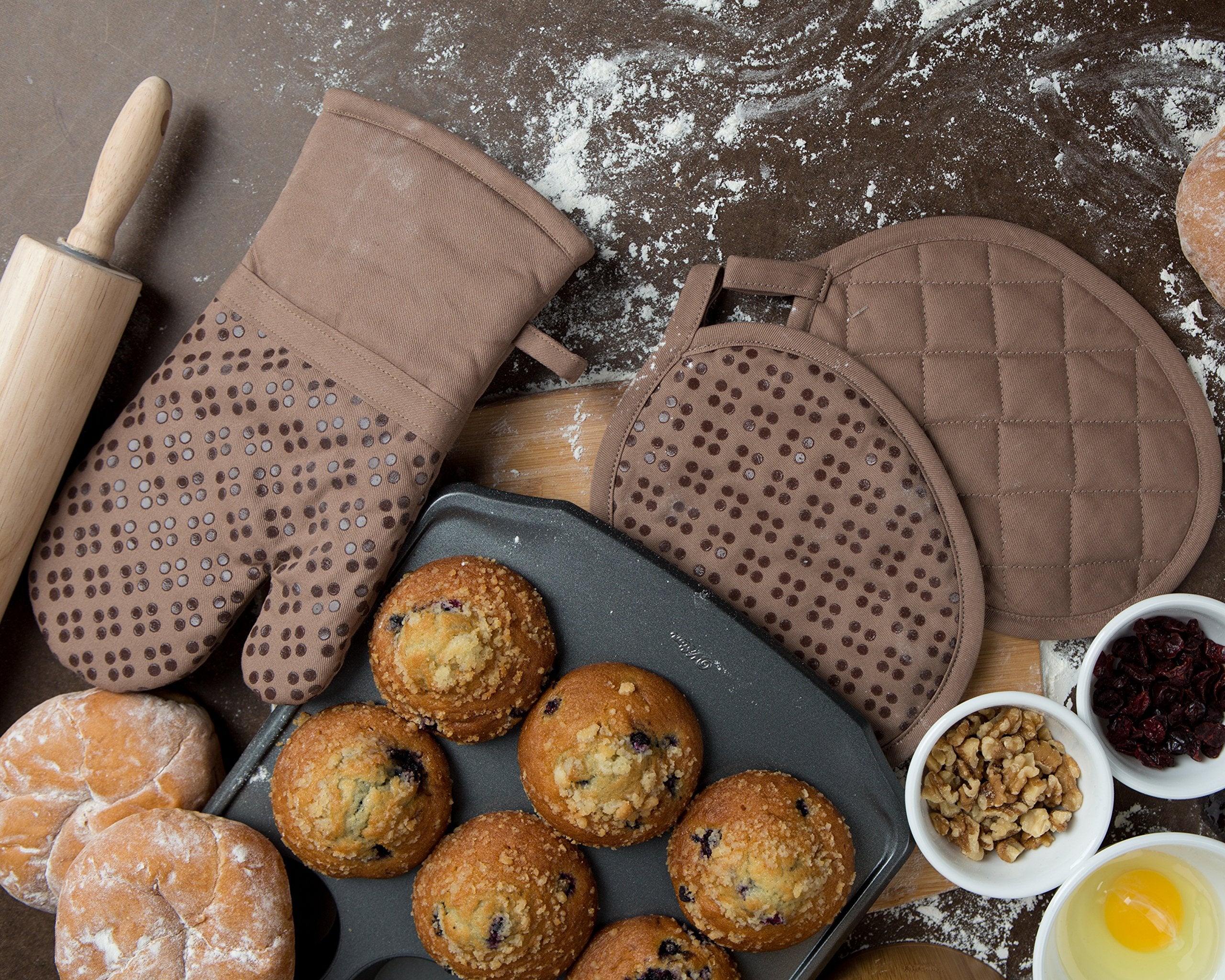 Oven Mitt And Pot Holders Silicone Set Of 3, Non-Slip Kitchen Hot Pads And Oven Mitts Set, Oeko-Tex 100% Cotton Shell, Brown