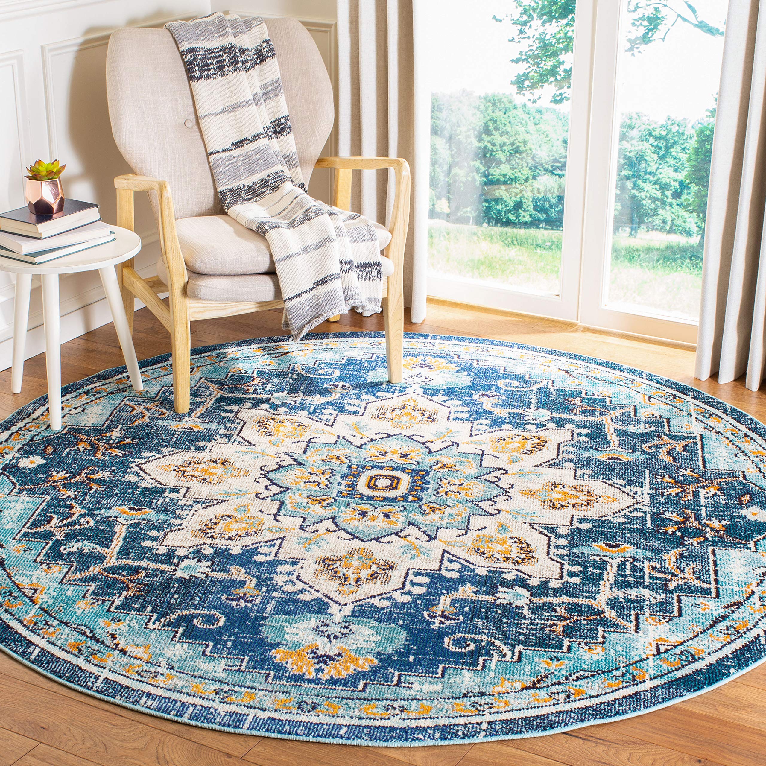 SAFAVIEH Madison Collection Area Rug - 67 Round, Blue & Light Blue, Boho Chic Medallion Distressed Design, Non-Shedding & Easy 