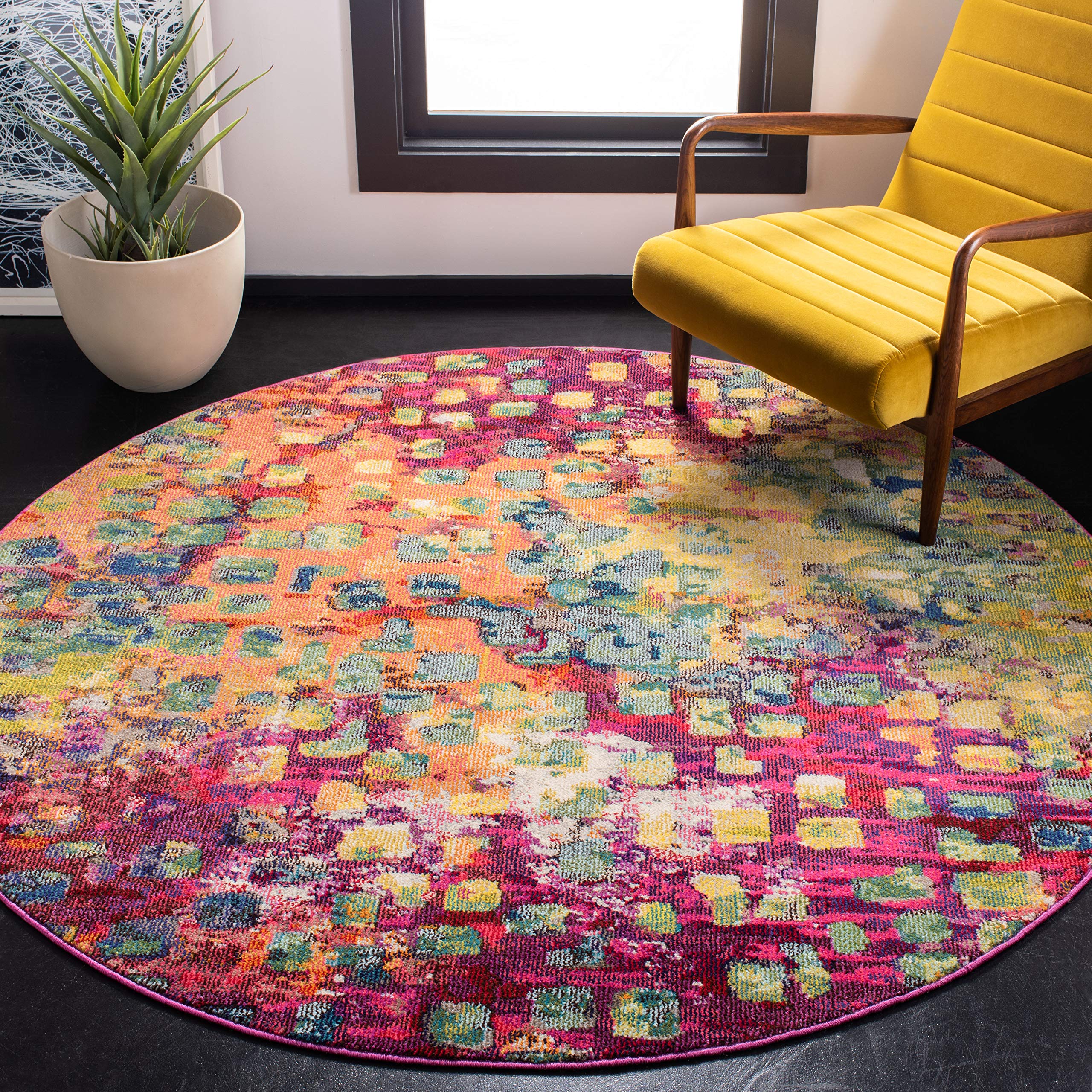 SAFAVIEH Madison Collection 3 Round Fuchsia / Gold MAD425D Boho Abstract Distressed Non-Shedding Dining Room Entryway Foyer Liv