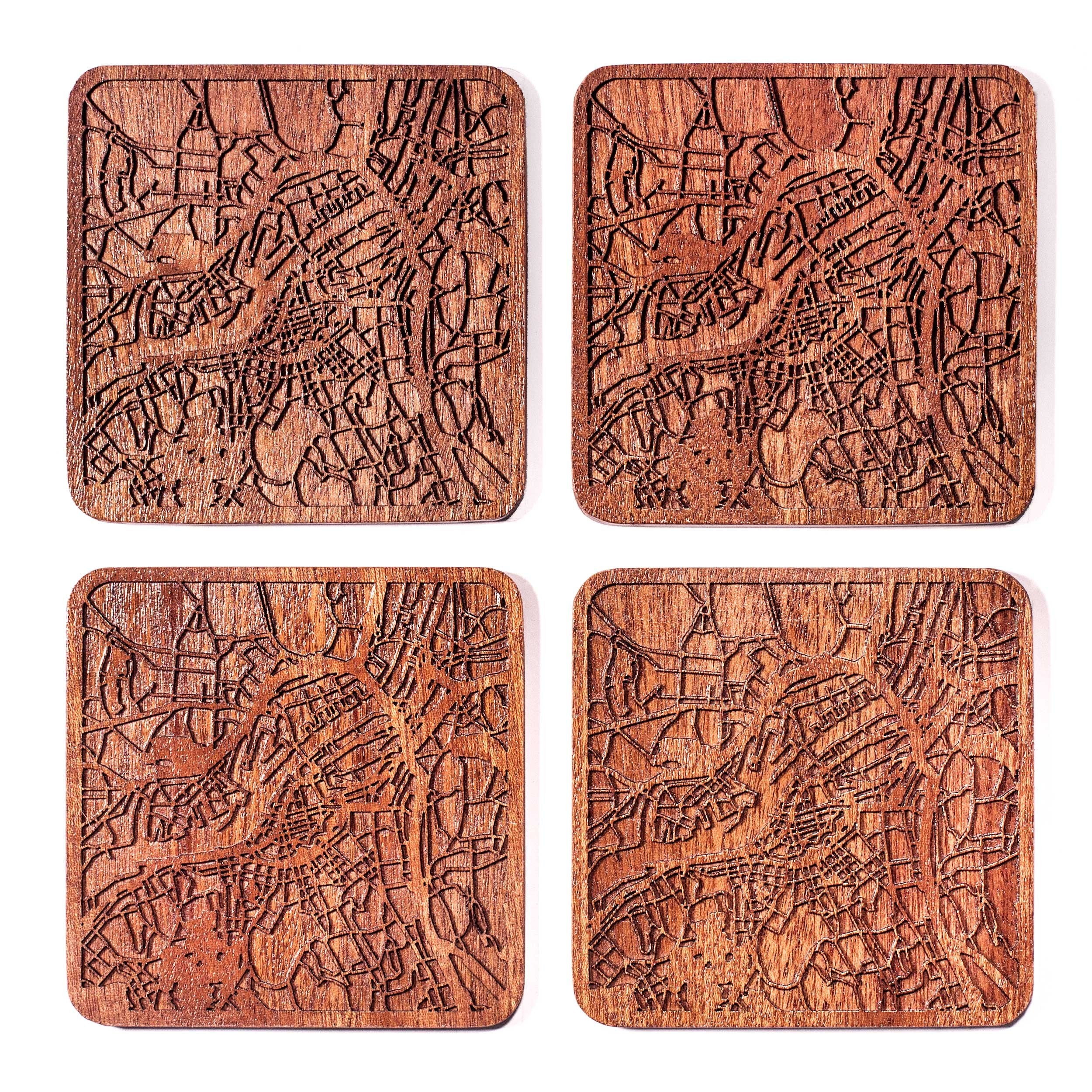 Gothenburg Map Coaster By O3 Design Studio, Set Of 4, Sapele Wooden Coaster With City Map, Handmade