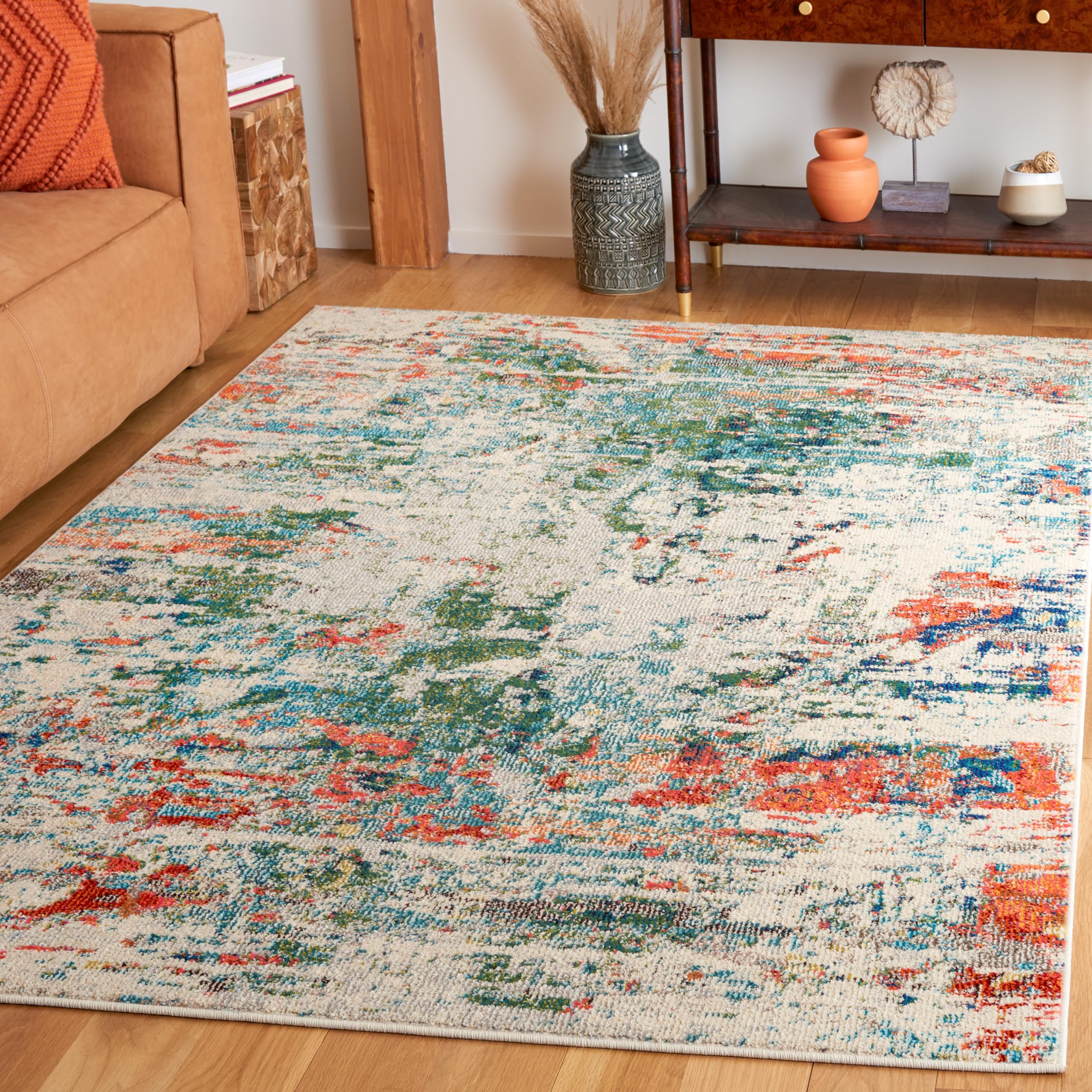 SAFAVIEH Madison Collection Area Rug - 4 x 6, Green & Rust, Modern Abstract Design, Non-Shedding & Easy Care, Ideal for High T
