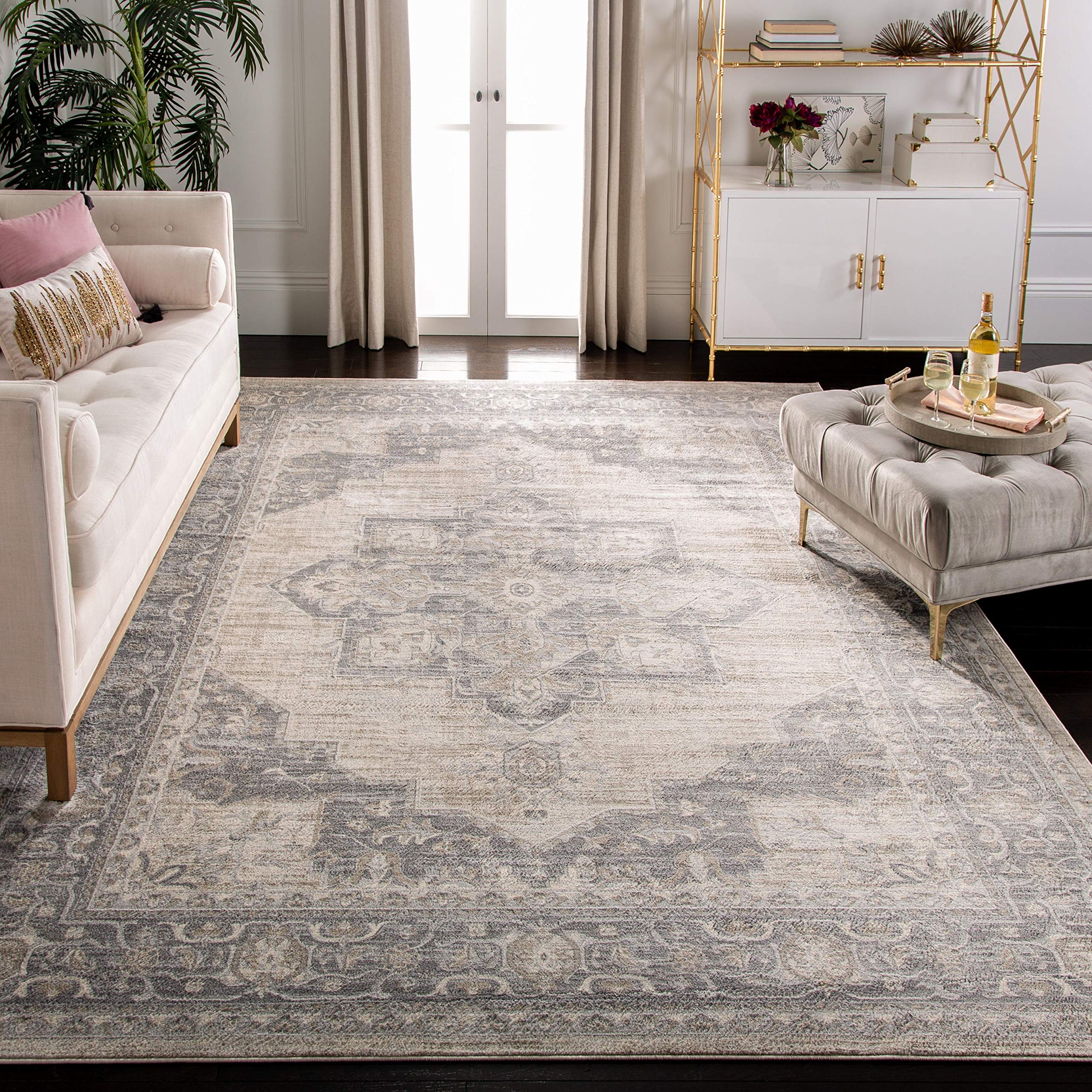 SAFAVIEH Brentwood Collection X-Large Area Rug - 12 x 18, Cream & Grey, Medallion Distressed Design, Non-Shedding & Easy Care,