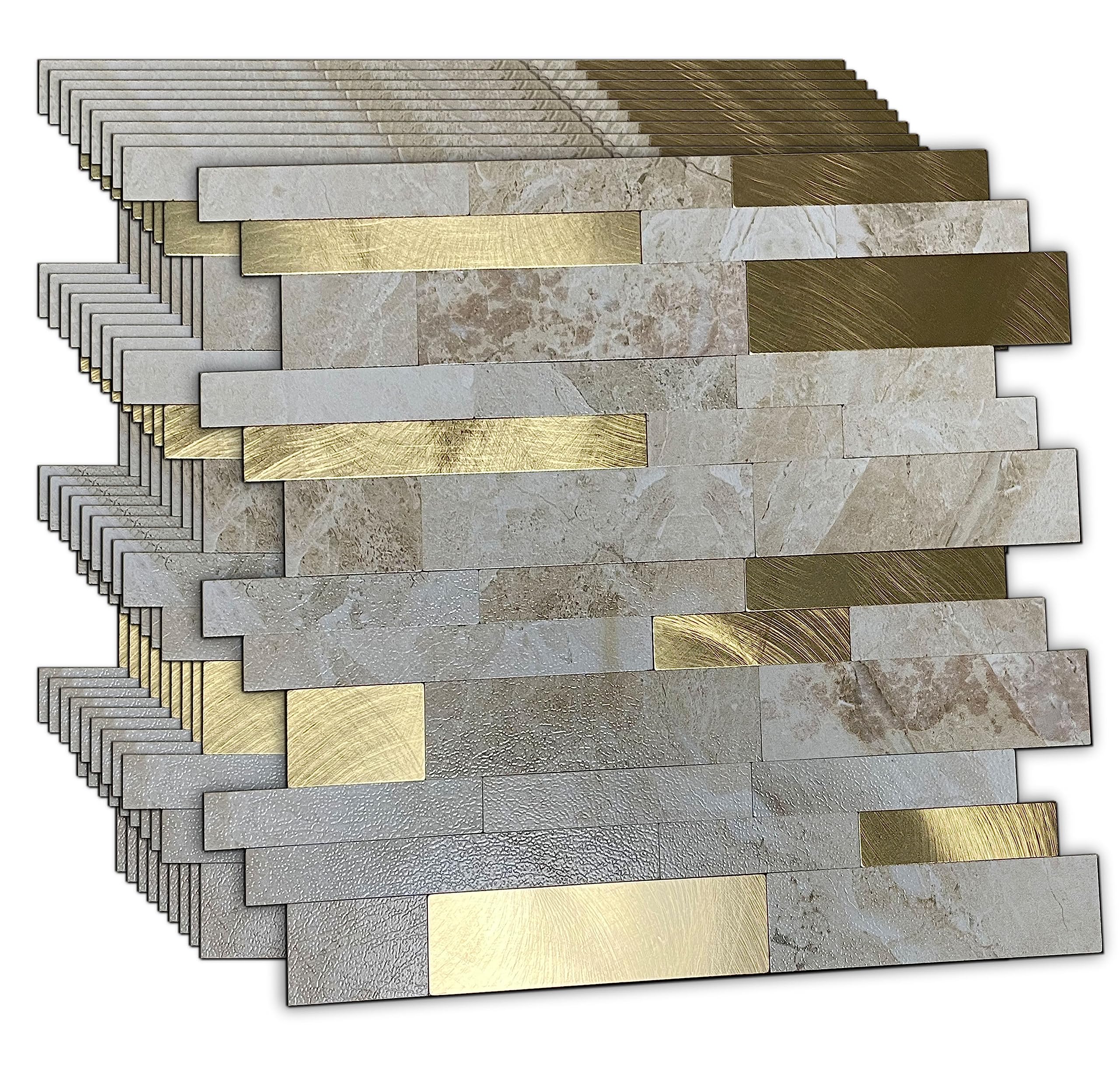 XUANINY 10-Sheet Peel and Stick Metal Backsplash Tiles, Self Adhesive Aluminum 3D Wall Sticker, Wall Panels for Kitchen Bathroom