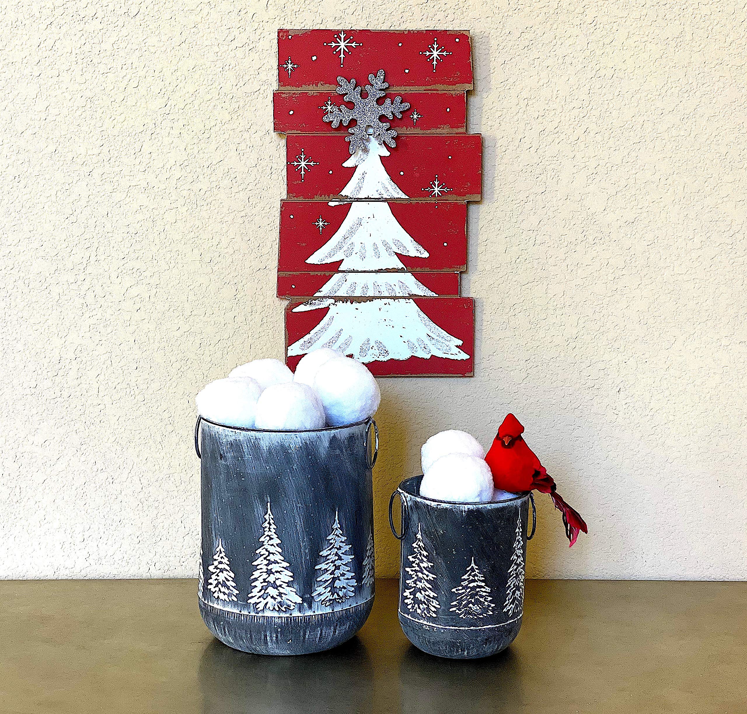 S/2 Winter Christmas Holiday Bucket Container Decor Organizer Silver Tin Metal W Embossed Trees 9'' & 6.5'' H