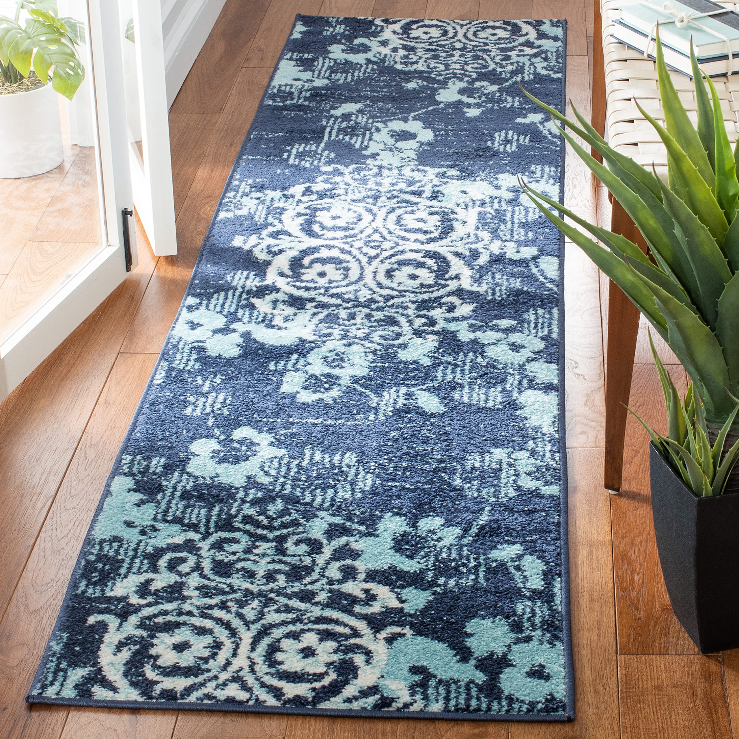 SAFAVIEH Adirondack Collection Runner Rug - 22 x 9, Navy & Aqua, Floral Glam Damask Distressed Design, Non-Shedding & Easy Car