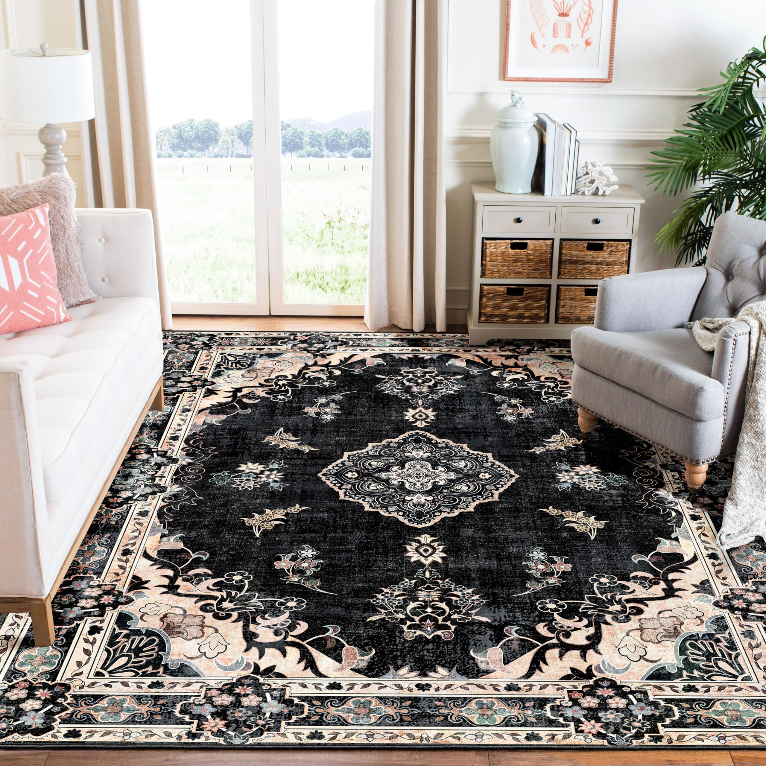 MUJOO Black Rug 6x9,Washable Area Rugs for Living Room Bedroom Dining Room, Large Boho Vintage Farmhouse Distressed Non Slip C