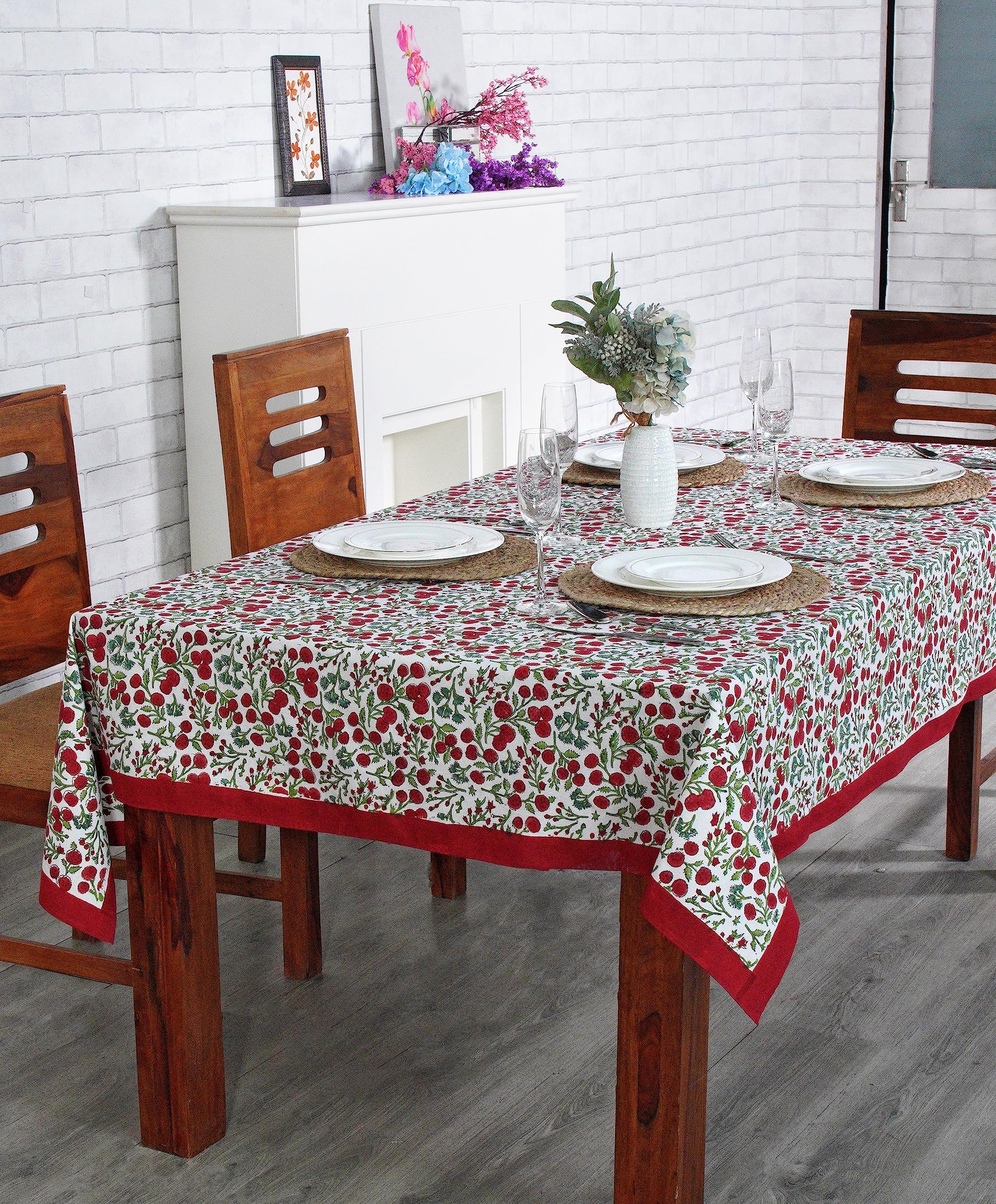 Ridhi Garnet Red Hand Block Print Cotton Rectangle Tablecloth 160 x 72 inch-Reusable Table Cover Decorative Everyday Use for Din