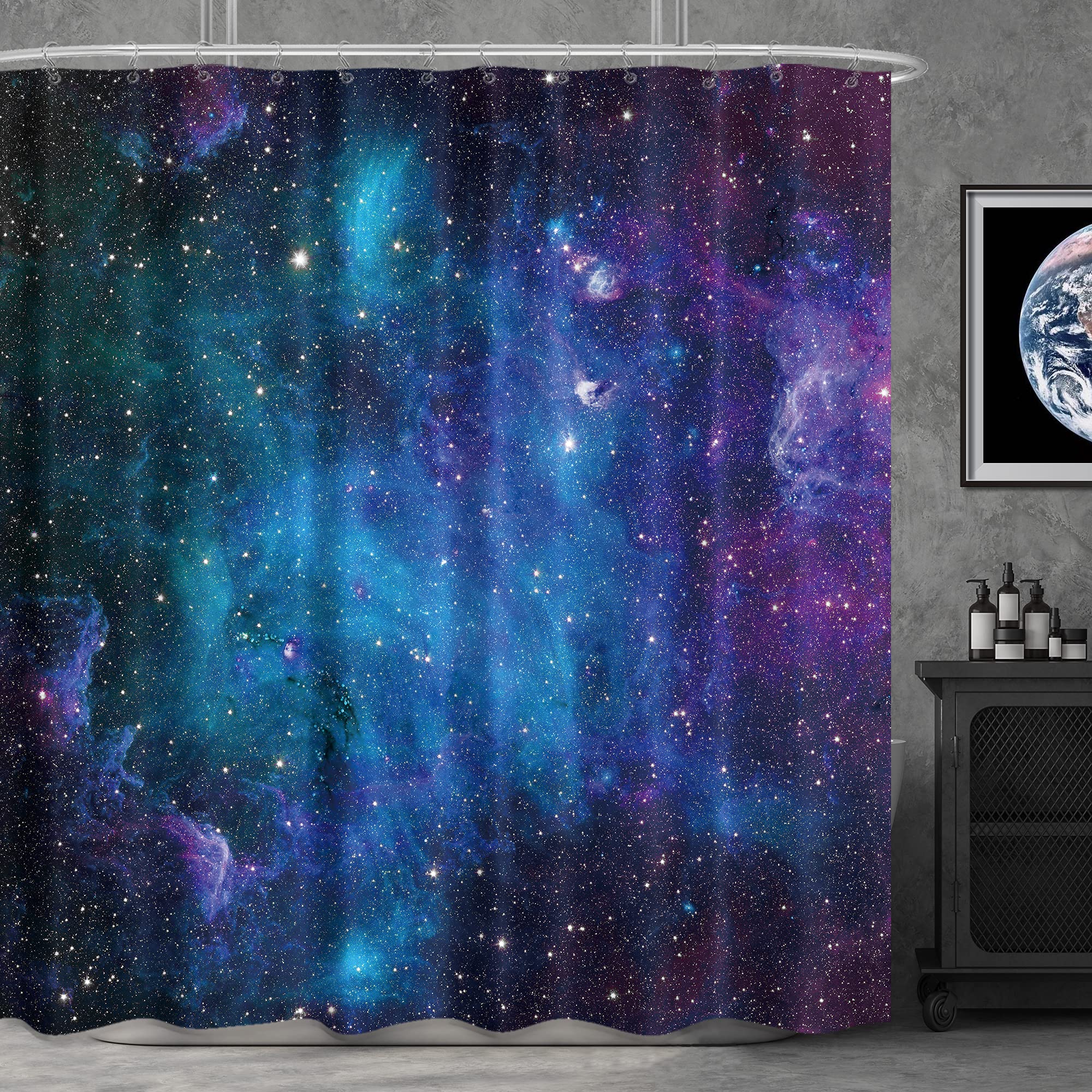 Riyidecor Fabric Galaxy Star Outer Space Shower Curtain For Bathroom Decor 72Wx72H Inch Starry Bathtub Set Men Boys Trippy Nebul