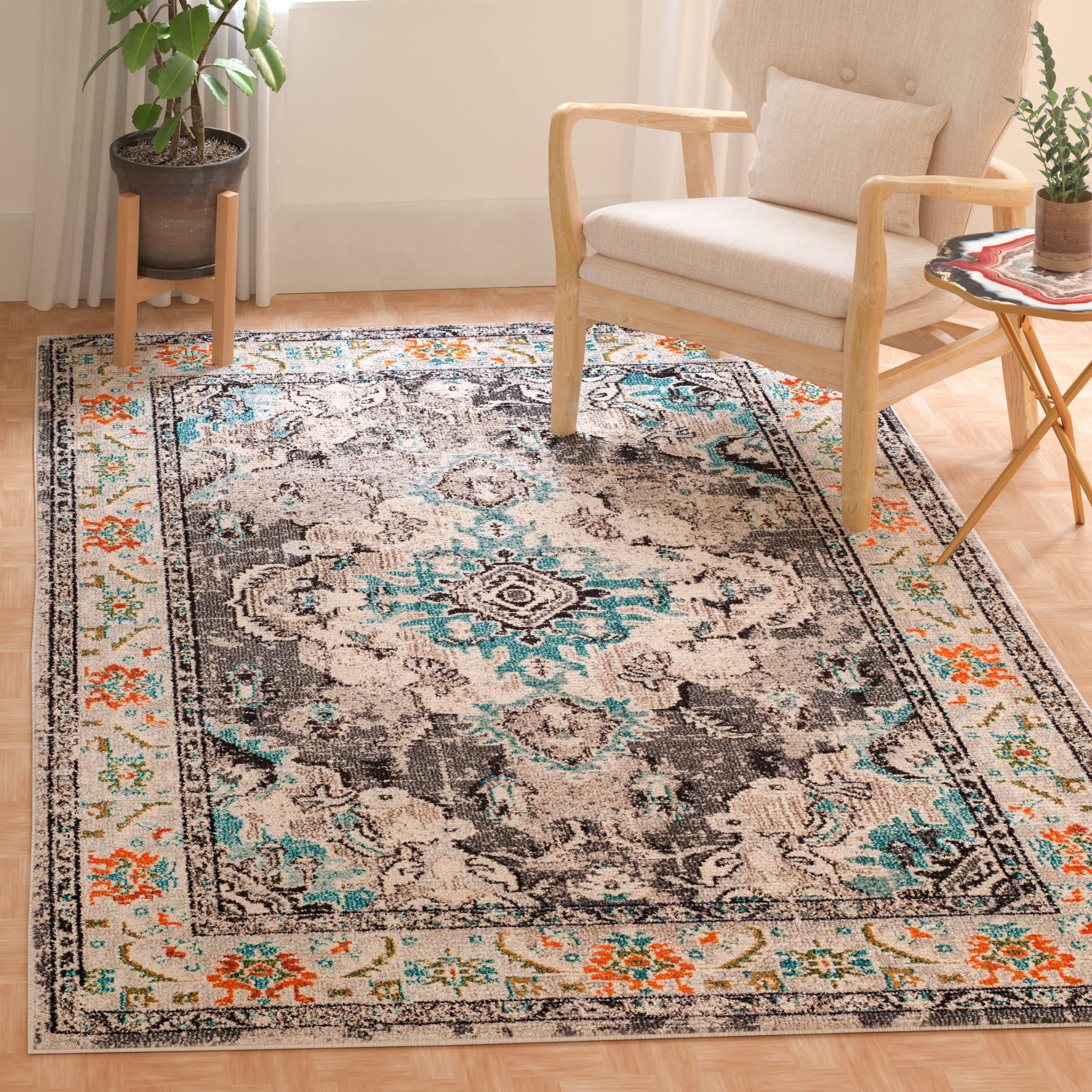 SAFAVIEH Monaco Collection Area Rug - 51 x 77, Grey & Light Blue, Boho Chic Medallion Distressed Design, Non-Shedding & Easy C