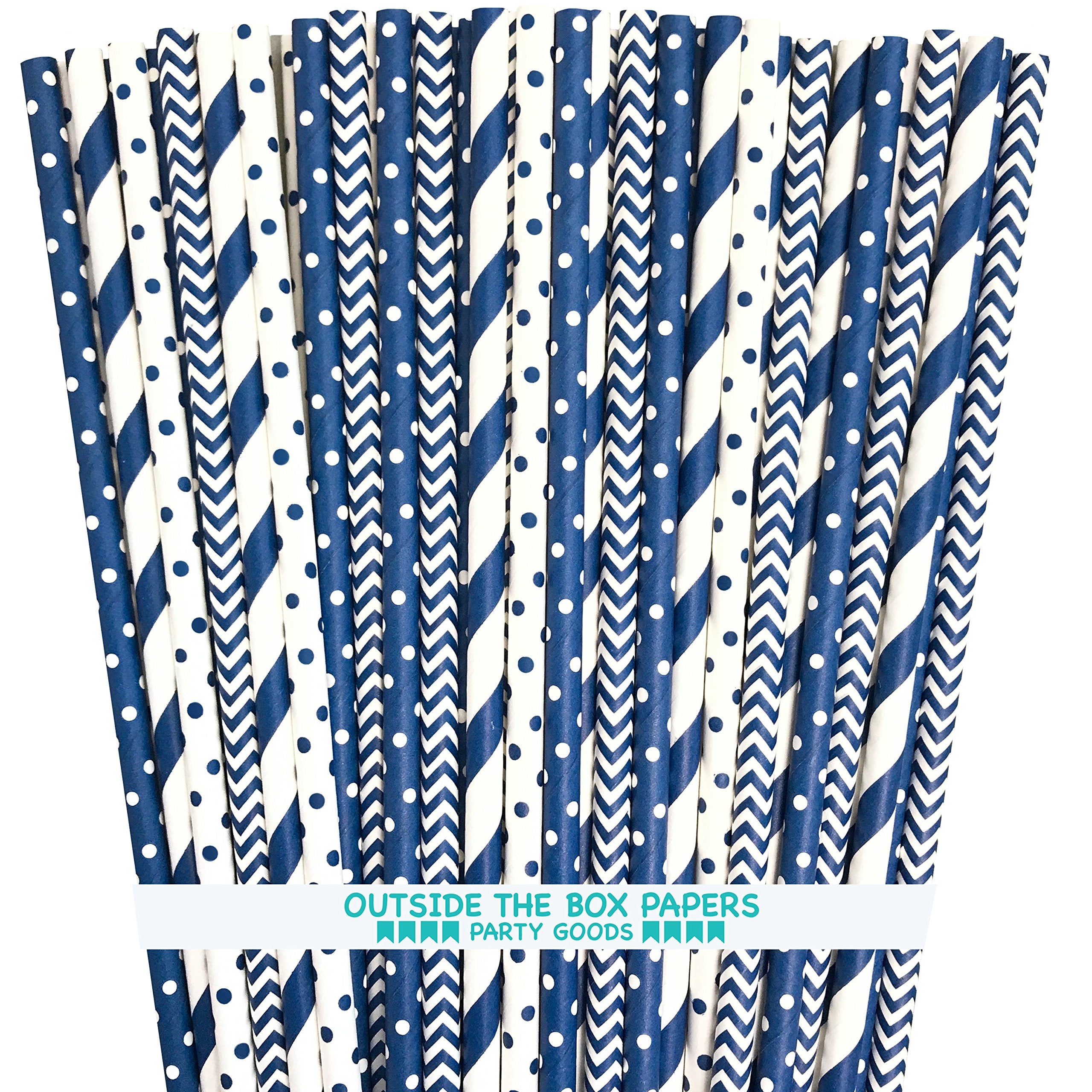 Paper Straws - Navy Blue And White - Stripe Chevron Polka Dot - 7.75 Inches - 100 Pack - Outside The Box Papers Brand