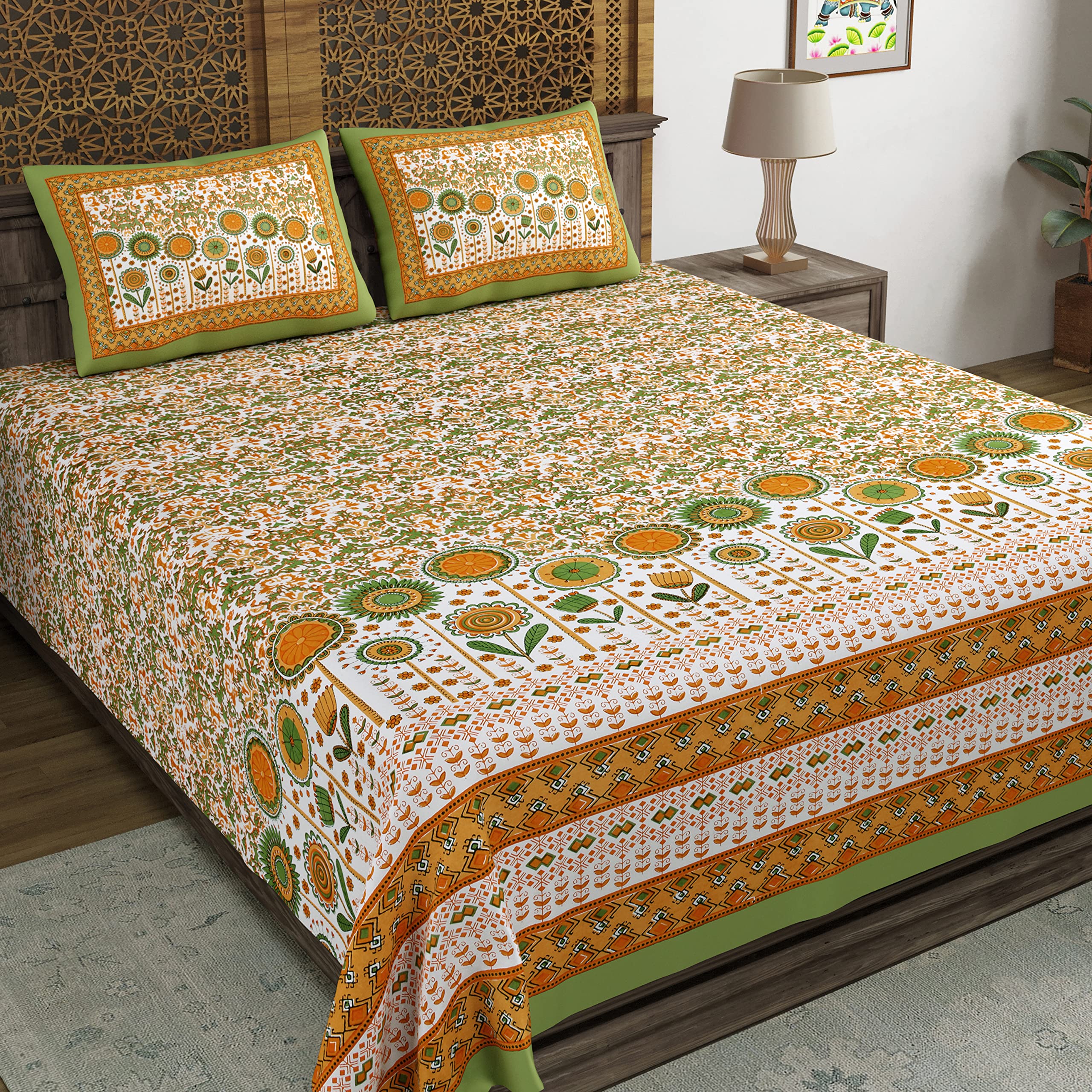 Blocks Of India Hand Block Printed 200 Tc Cotton Super King Size Bedsheet(106 X 106) (Part Green 1)