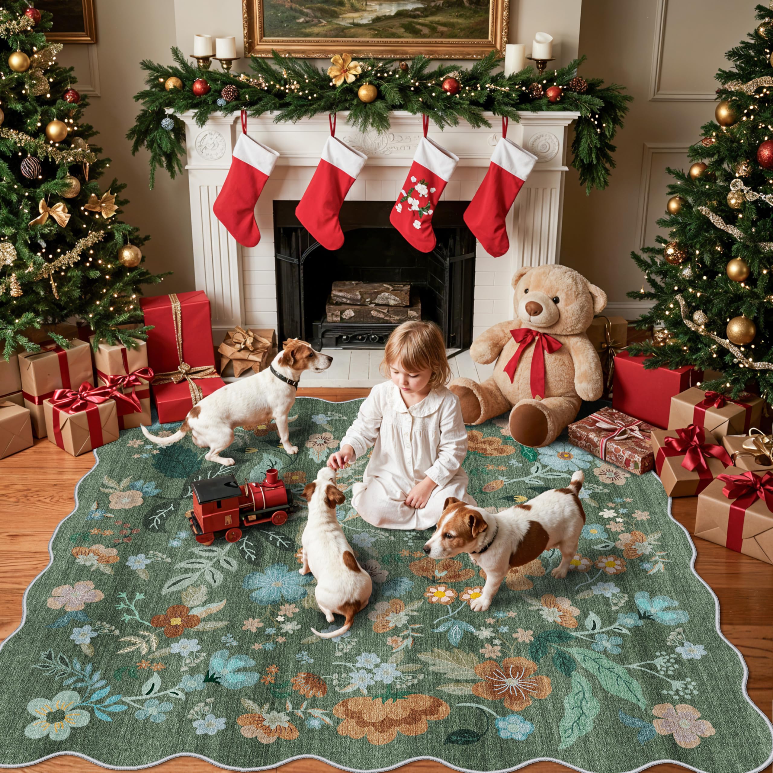 Floral Square Area Rug for Family: Washable 5x5 Scalloped Carpet for Living Room Bedroom Soft Water Resistant Floor Mat with Non