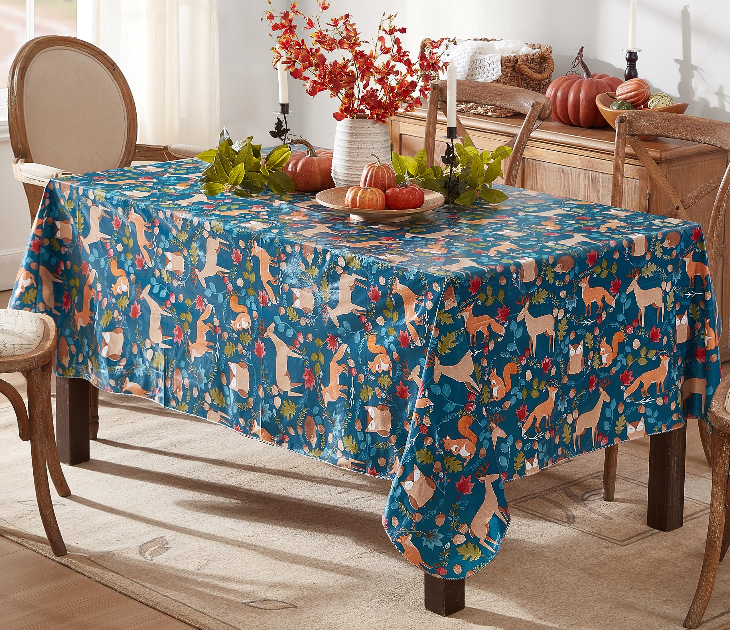 Newbridge Thanksgiving Woodland Critters 60 X 102 Inch Rectangle Vinyl Tablecloth With Flannel Backing, Squirrels, Deer And Owl