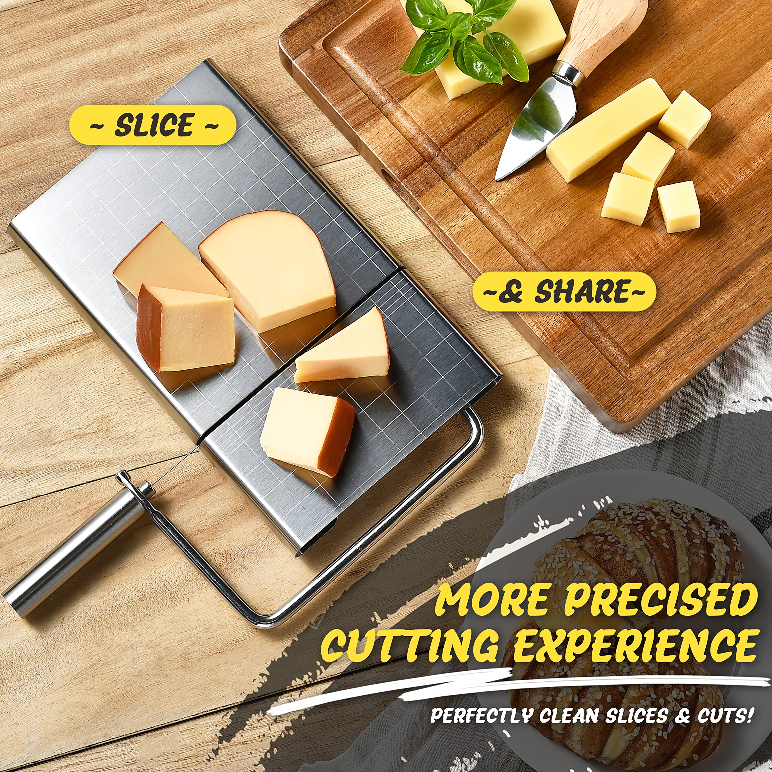 Cocoboss Wire Cheese Slicer For Block Cheese Heavy Duty, Multifunctional Adjustable Cheese Cutter With 15 Replacement Wires - St