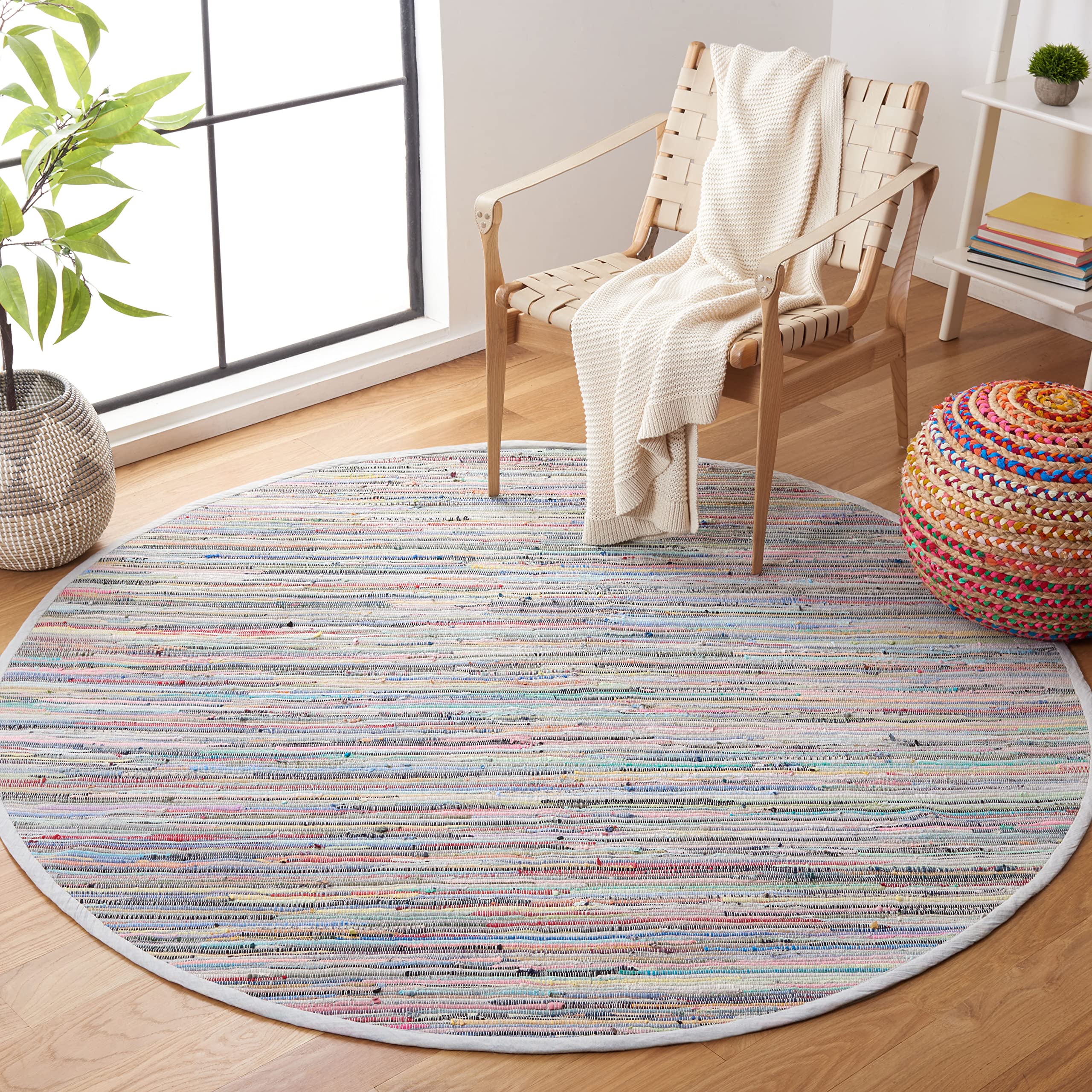 SAFAVIEH Rag Rug Collection 6 Round Grey/Multi RAR121M Handmade Boho Stripe Cotton Area Rug