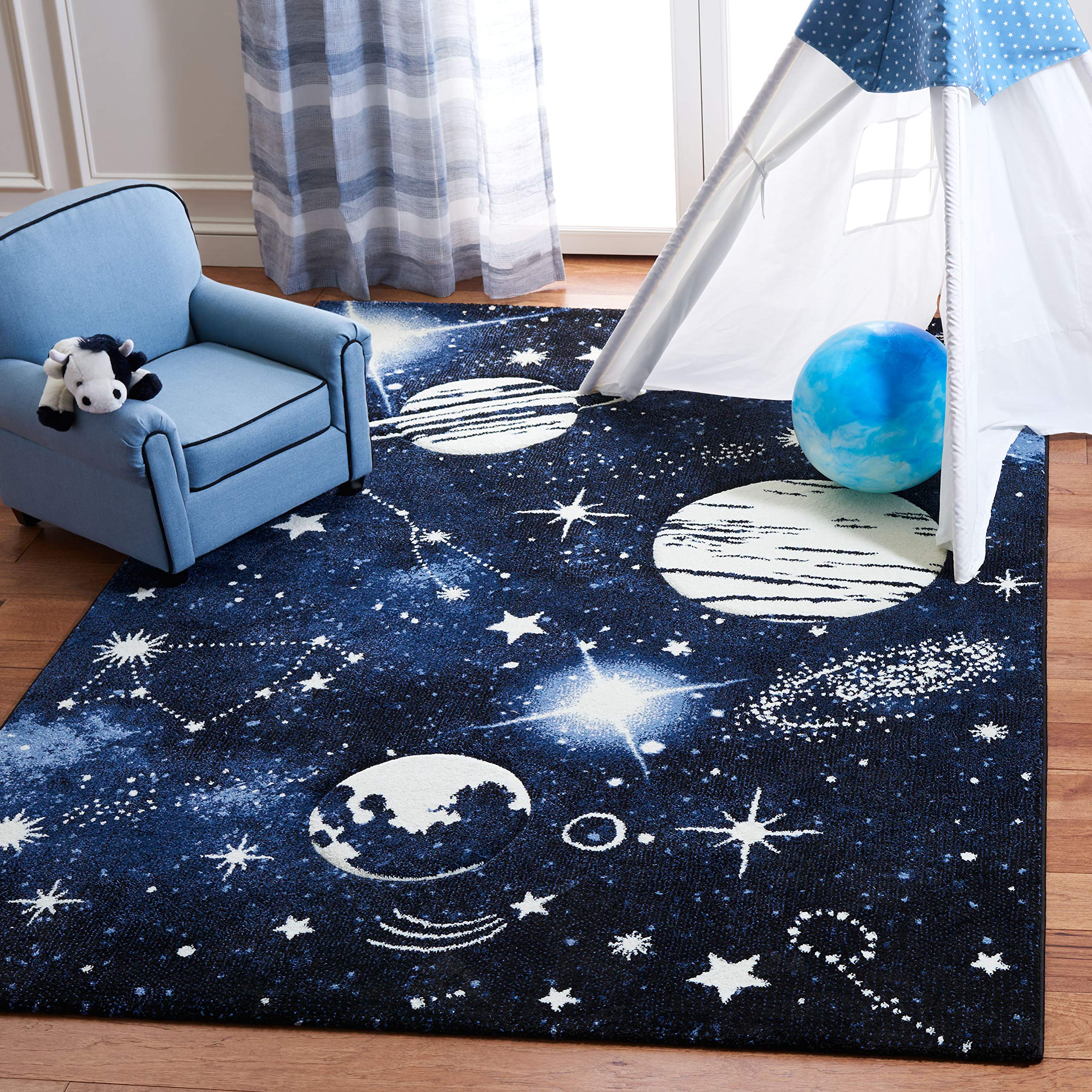 SAFAVIEH Carousel Kids Collection Area Rug - 9 x 12, Dark Blue & Light Blue, Non-Shedding & Easy Care, Ideal for High Traffic 