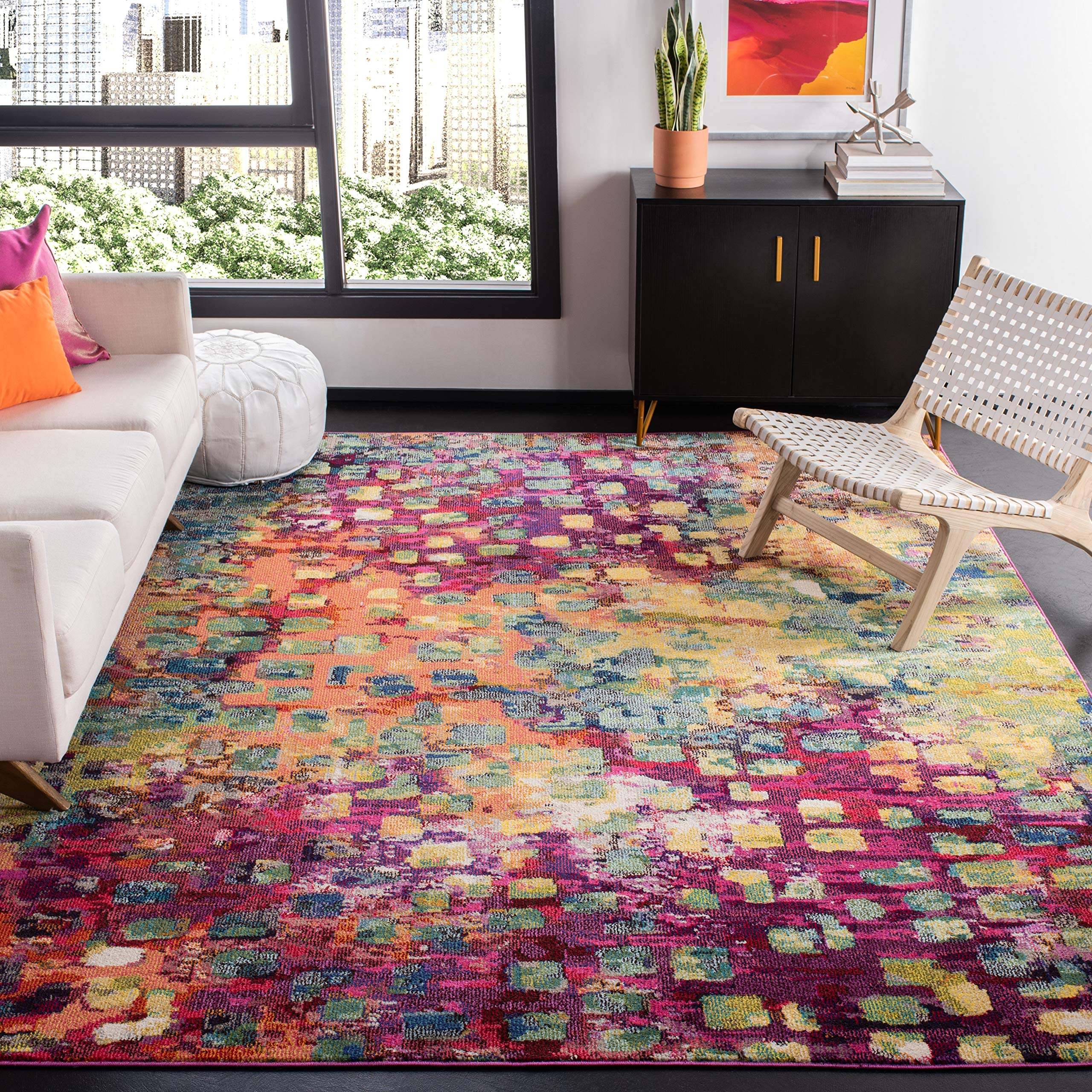 SAFAVIEH Madison Collection Area Rug - 9 x 12, Fuchsia & Gold, Boho Abstract Distressed Design, Non-Shedding & Easy Care, Idea