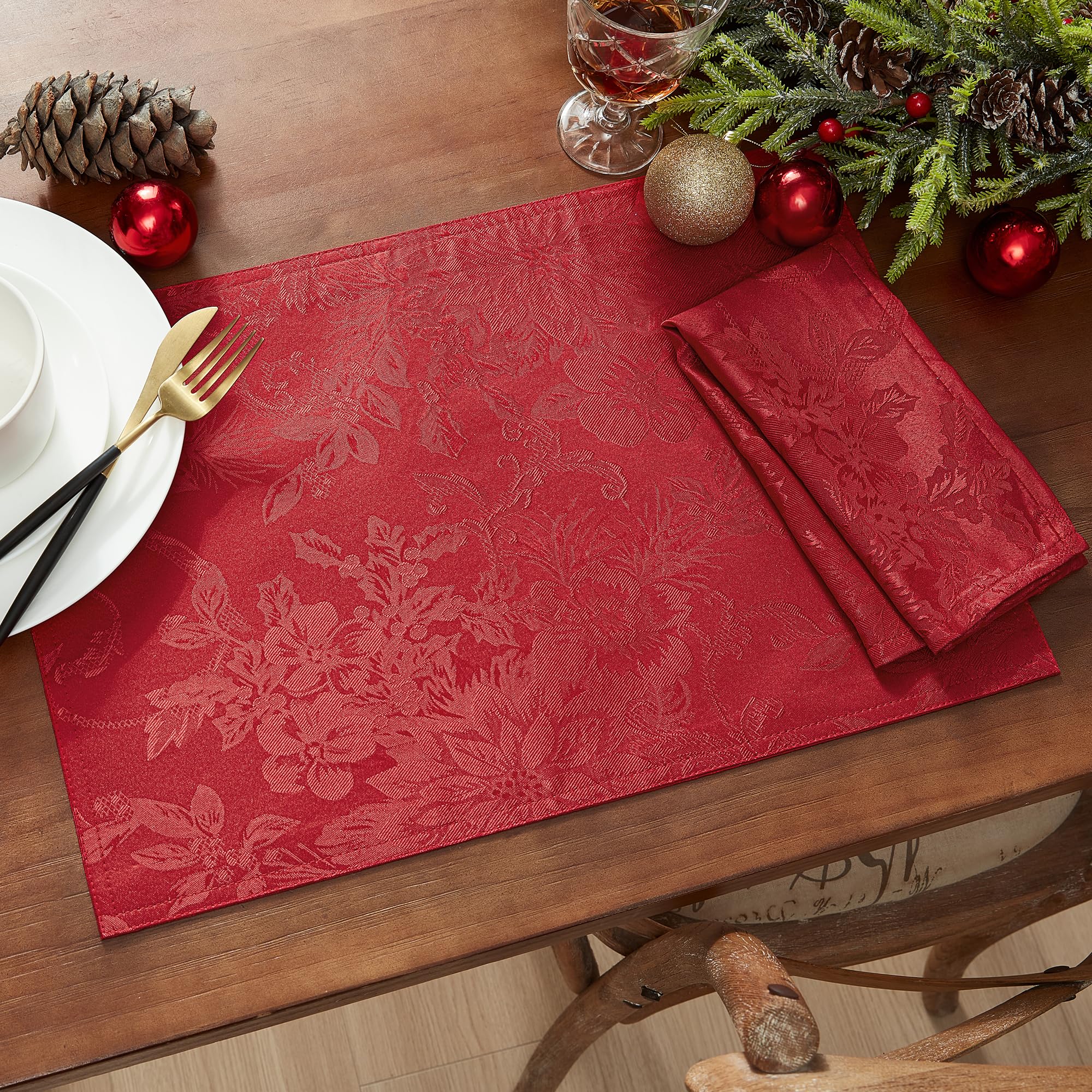 Elrene Home Fashions Poinsettia Elegance Jacquard Christmas/Holiday Rectangle Dining Placemat, Set Of 4, 13''X19'', Red