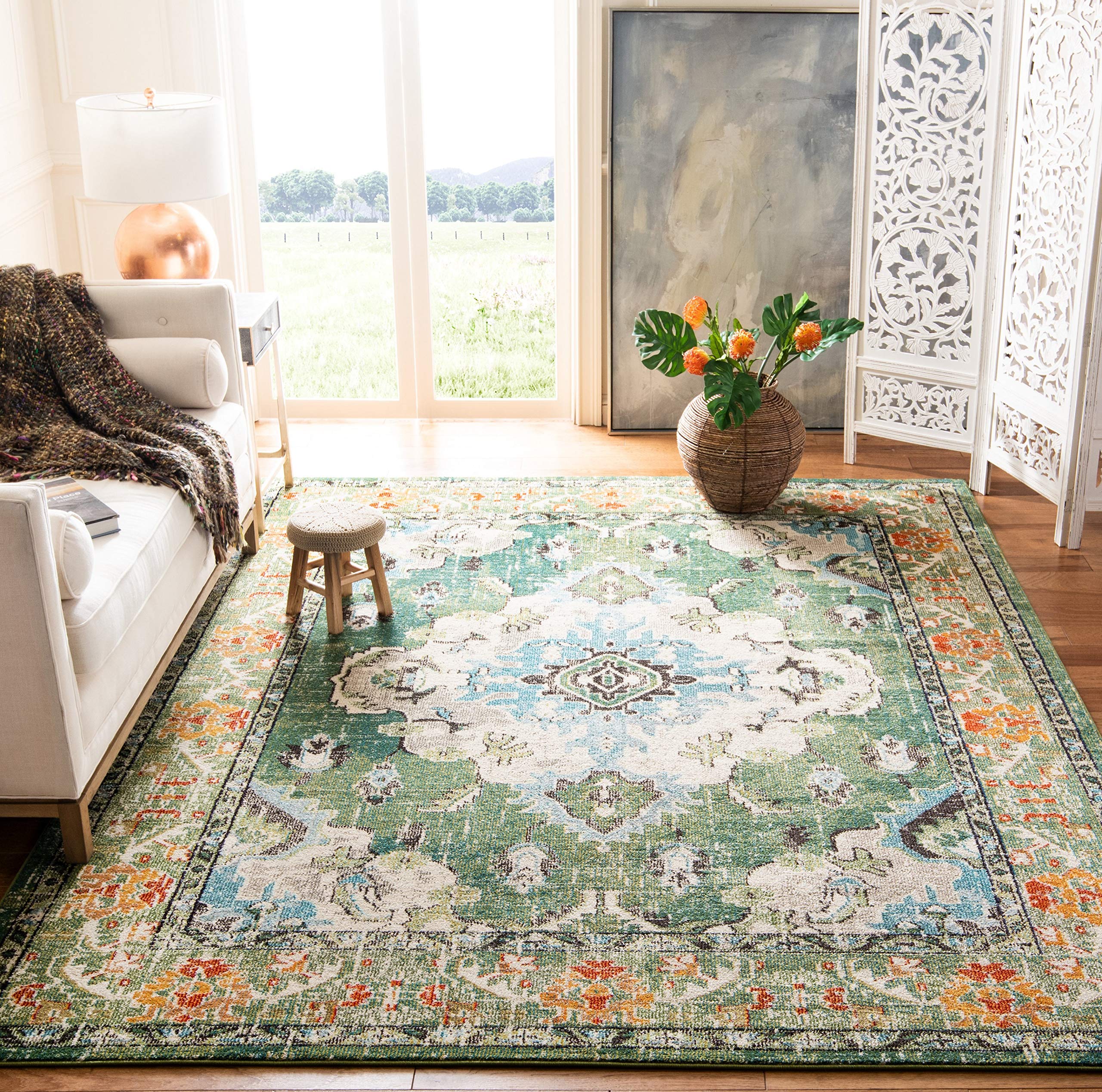 SAFAVIEH Monaco Collection X-Large Area Rug - 11 x 15, Forest Green & Light Blue, Medallion Distressed, Non-Shedding & Easy Ca