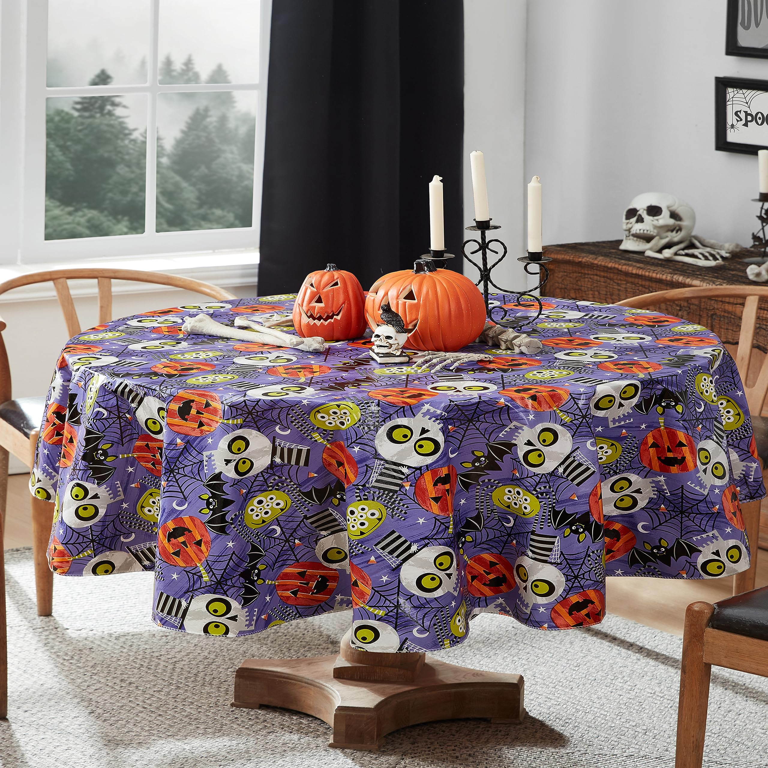 Newbridge Halloween Whimsical Ghoulish Gang 60 x 84 Inch Oval Vinyl Flannel Backed Tablecloth, Spooky Skulls, Bats and Pumpkins 