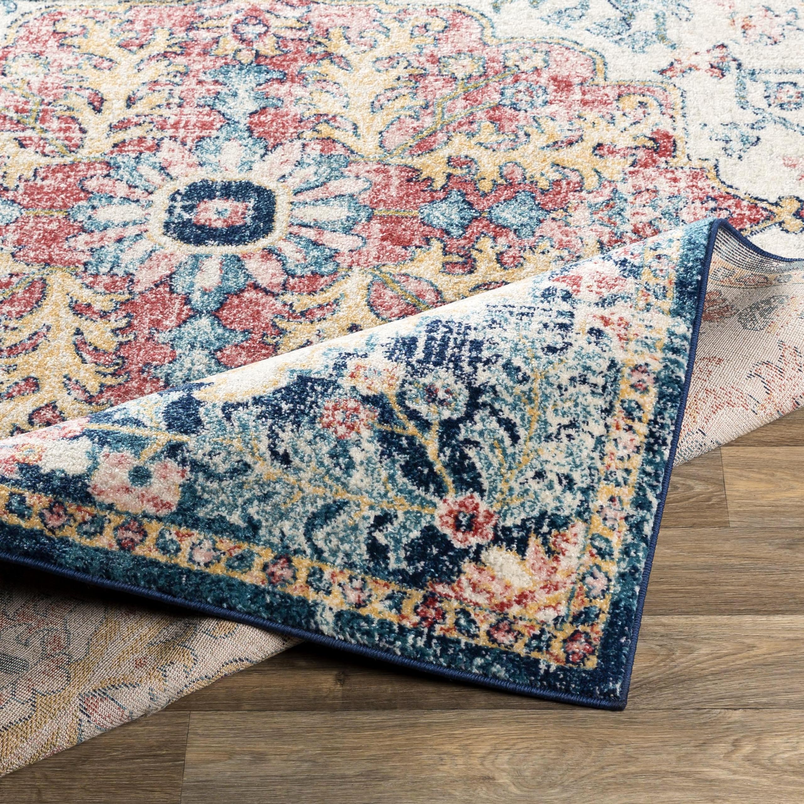 Livabliss Area Rugs - 8ft Round Odelia Vintage Boho Aqua Burgandy Blue Round Area Rug for Living Room Bedroom - Floral Medallion