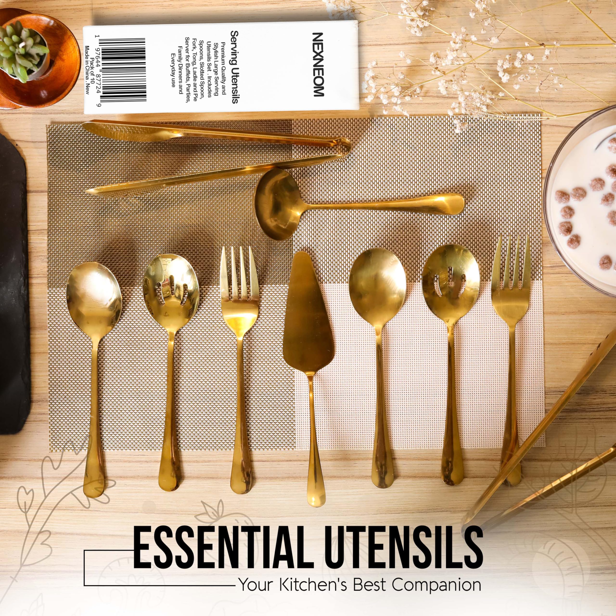 Nexneom Serving Utensils Set Gold 10-Piece - Stainless Steel Stunning Mirror-Finish, Lightweight, Dishwasher Safe - Includes Slo