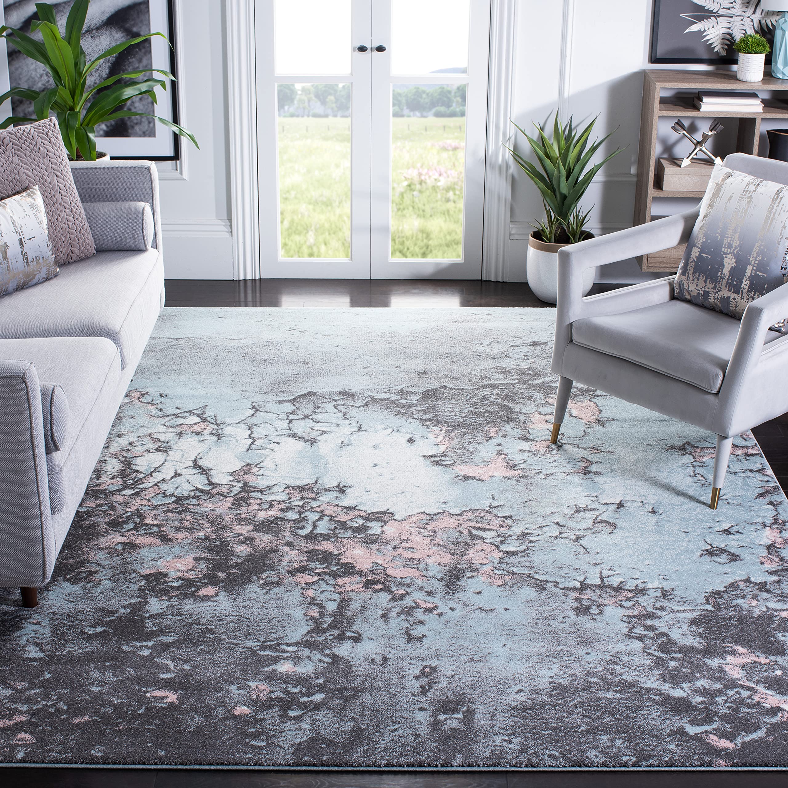 SAFAVIEH Glacier Collection 4 x 6 Blue/Pink GLA125L Modern Abstract Non-Shedding Living Room Bedroom Accent Rug