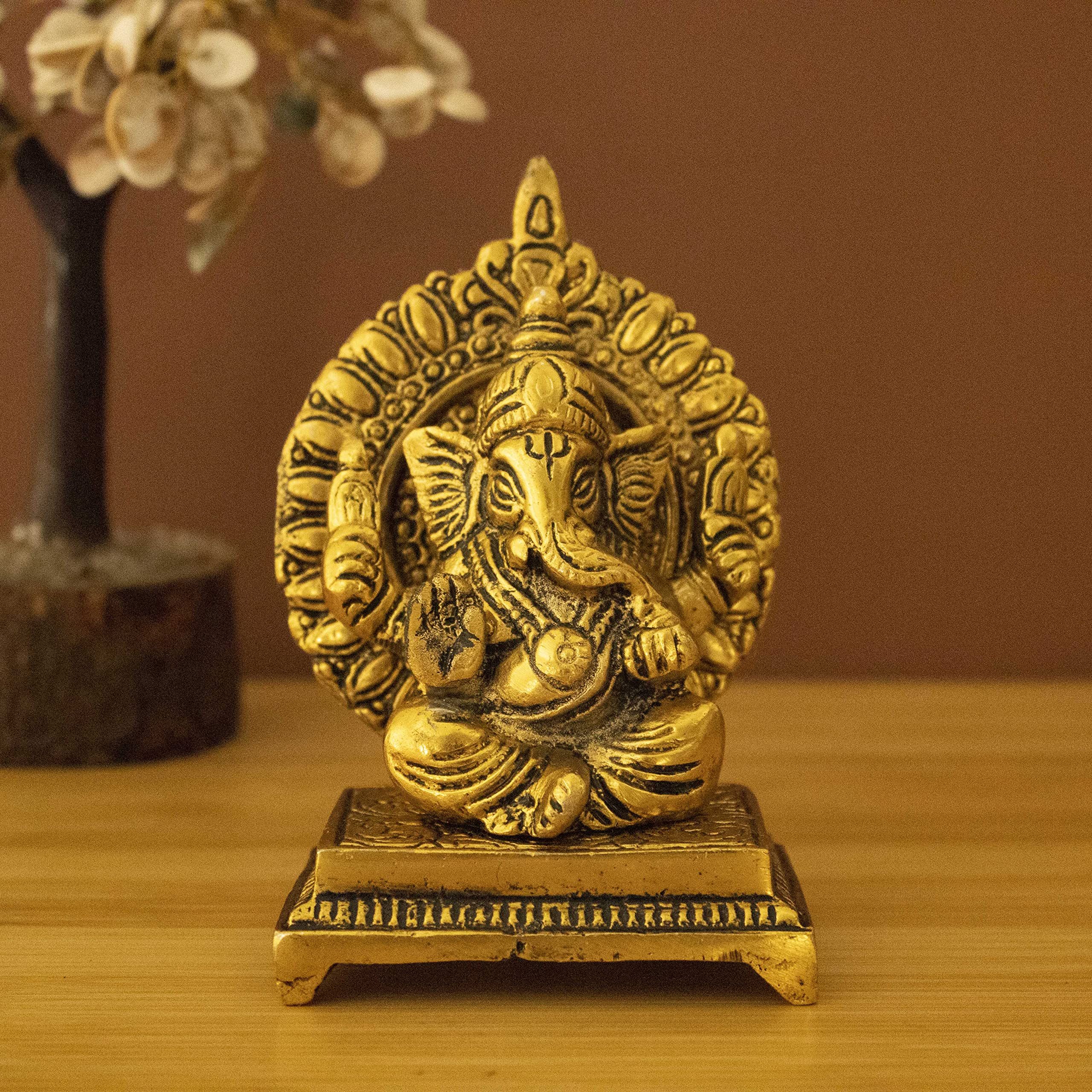 Spillbox Oxidised Gold Finished Sinhasan Ganesha Brass God Idol Statue Showpiece For Home Office Figurine Religious Pooja Gift L