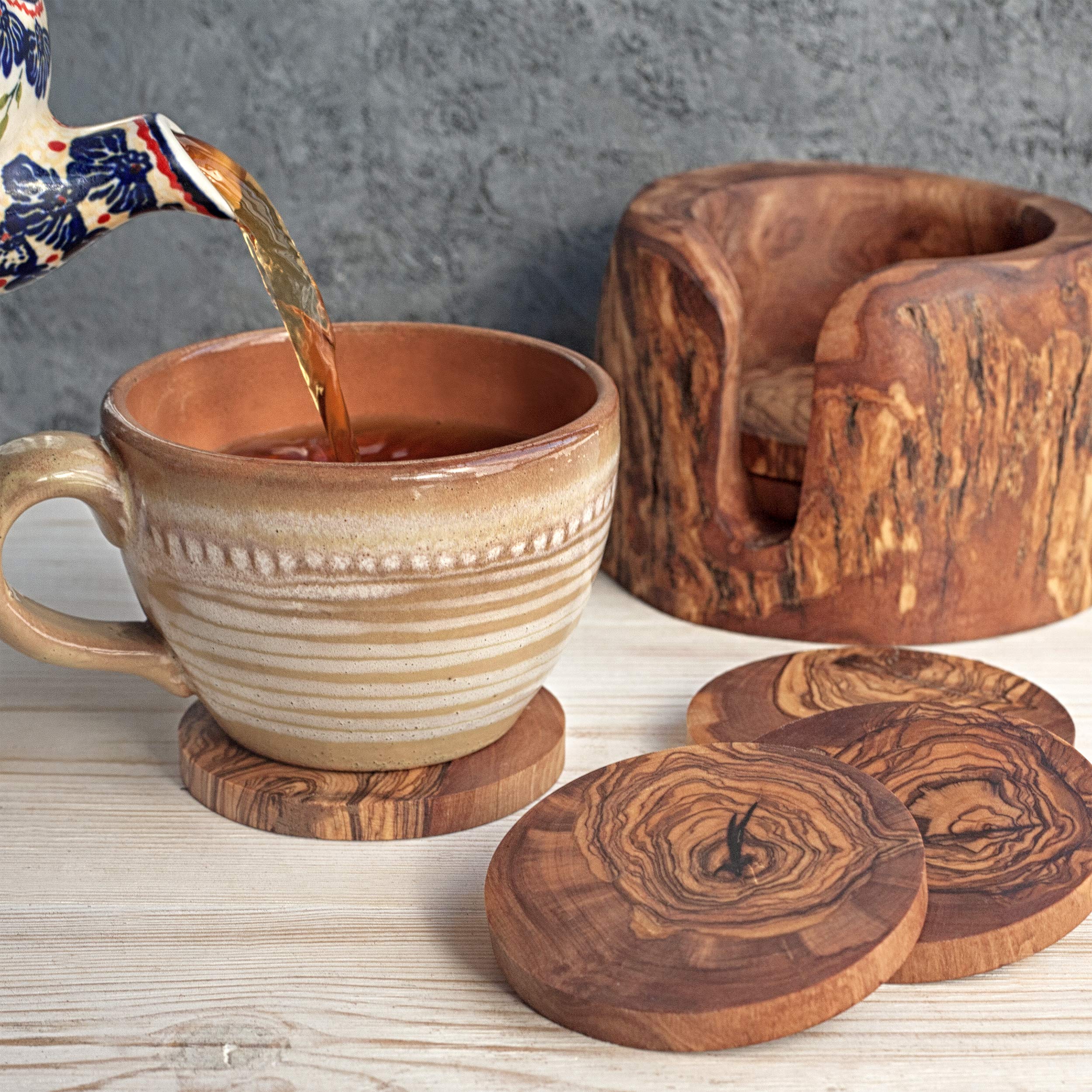 Forest Decor Olive Wood Coasters - Set Of 6 - Farmhouse Coaster With Holder For Home & Wedding Decoration - Handmade Cabin Decor