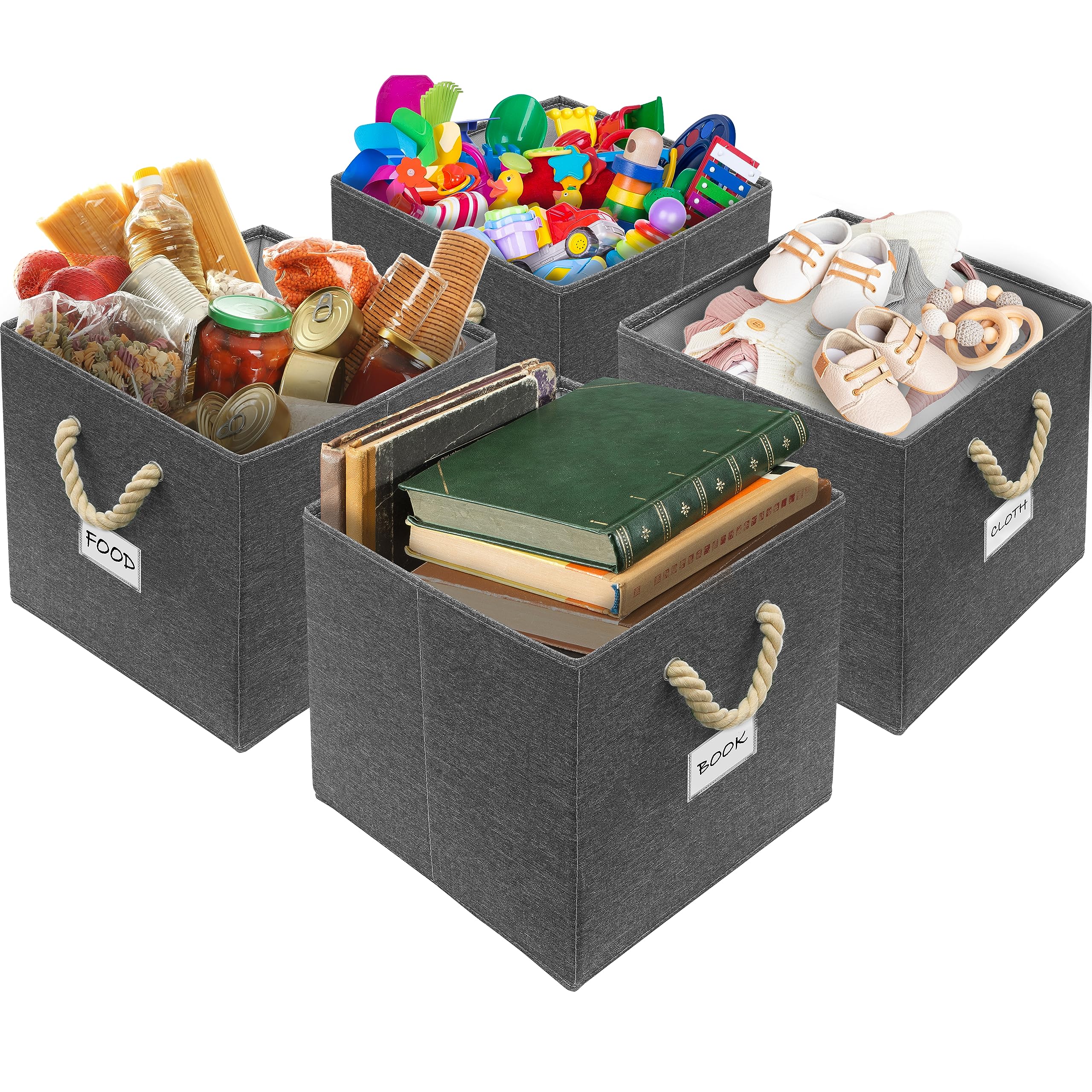 Simple Houseware 4 Pack Cube Storage Bin With Braided Handles, Dark Gray
