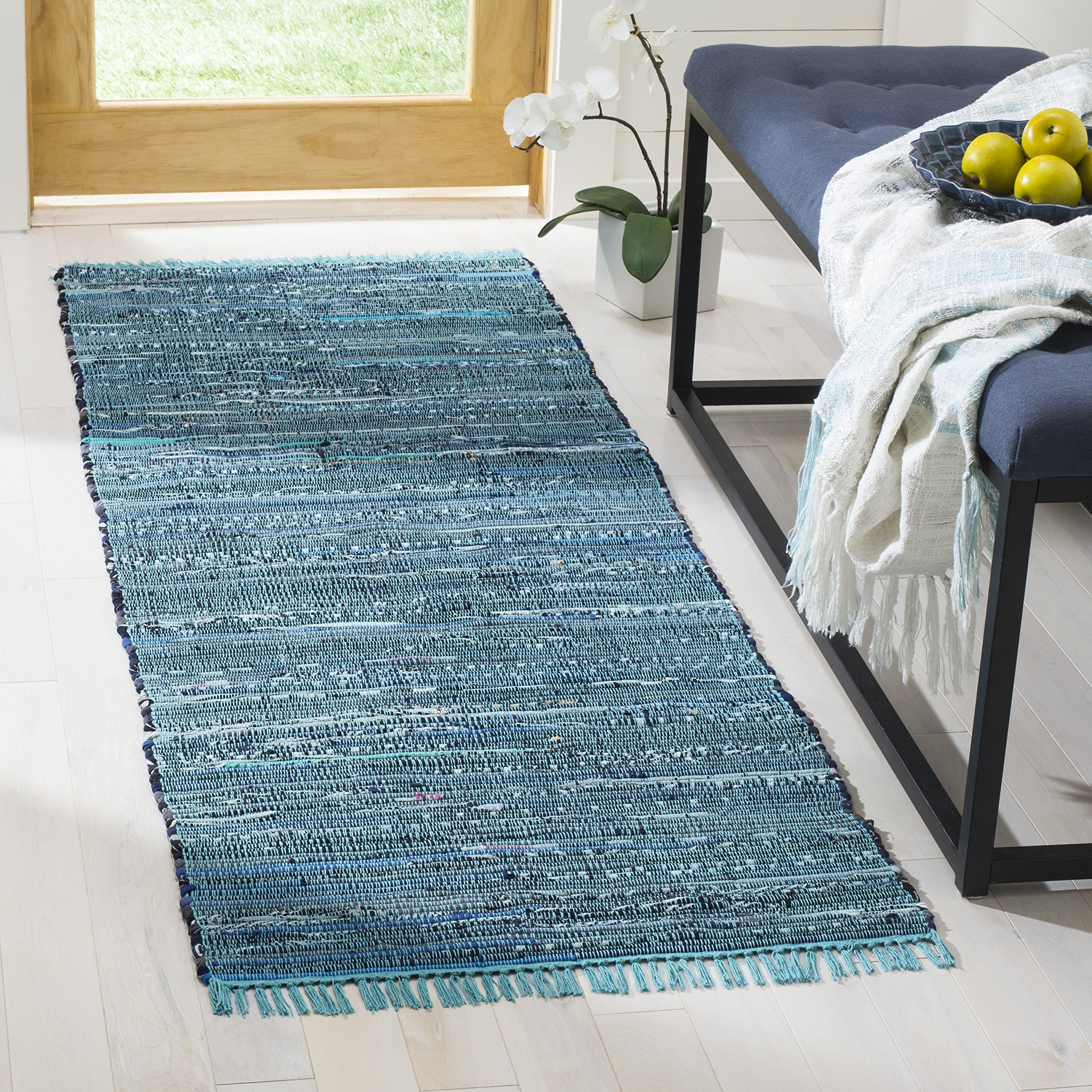 SAFAVIEH Rag Rug Collection Runner Rug - 23 x 6, Blue & Multi, Handmade Boho Stripe Cotton, Ideal for High Traffic Areas in Li