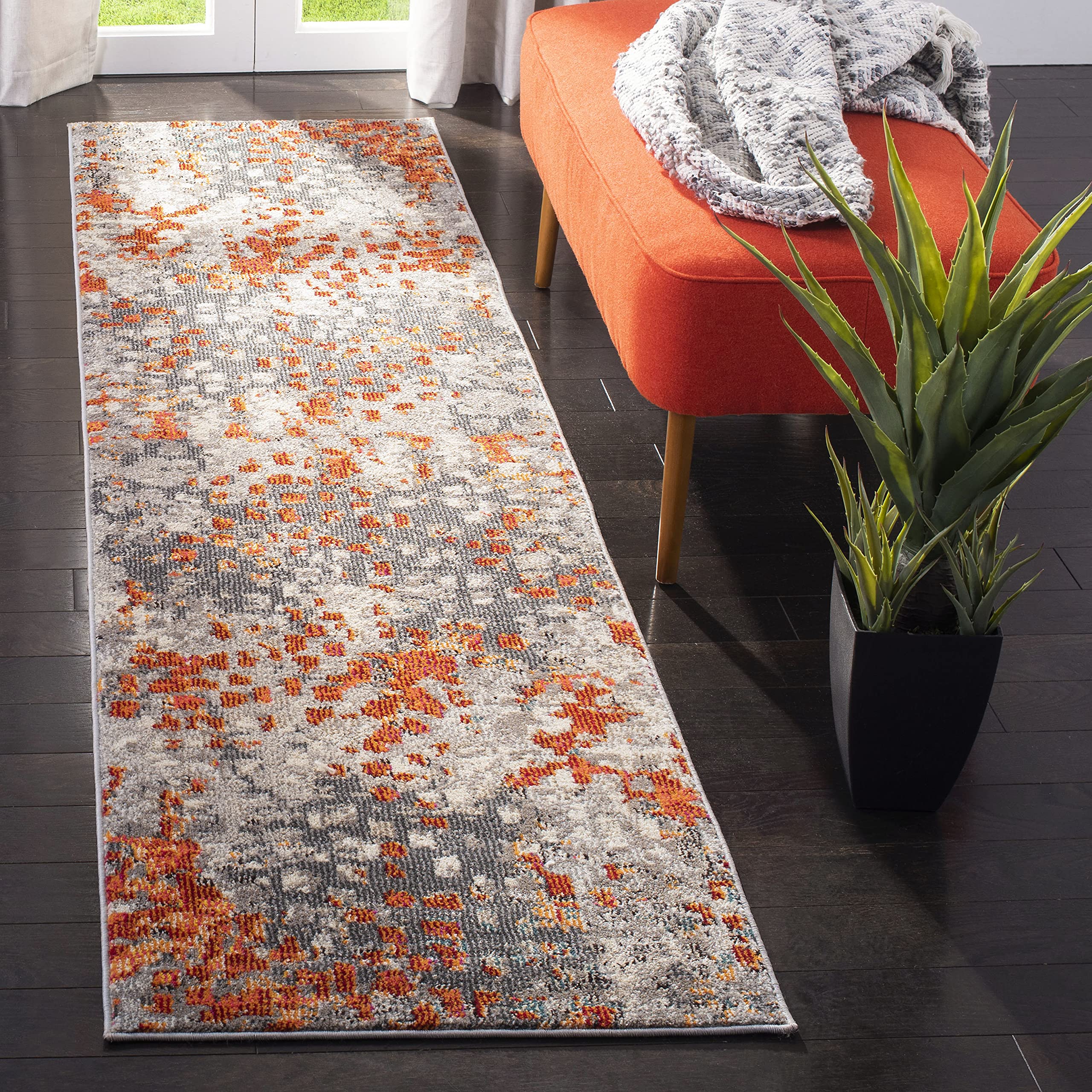 SAFAVIEH Monaco Collection Runner Rug - 22 x 12, Grey & Orange, Boho Chic Abstract Watercolor Design, Non-Shedding & Easy Care