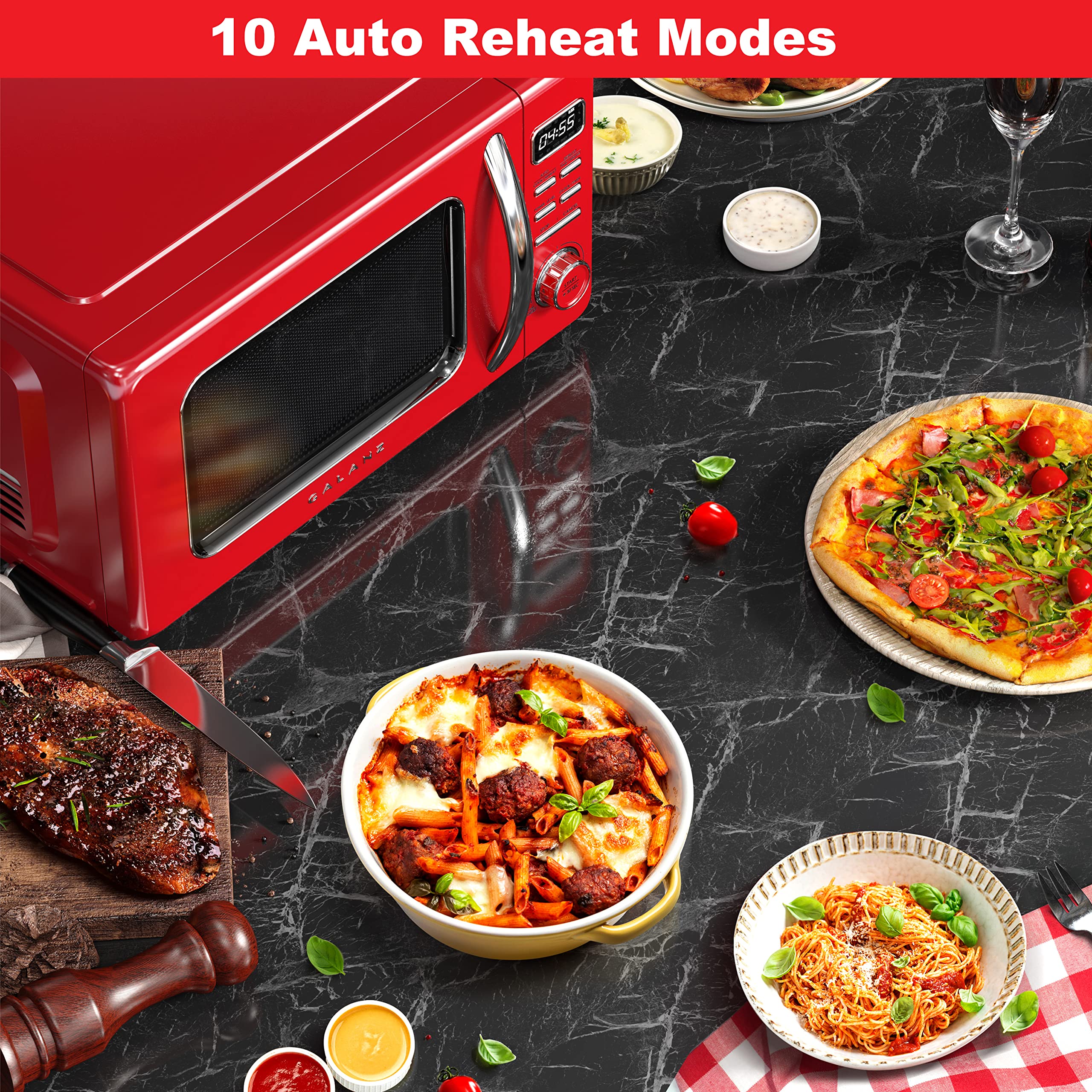 Galanz GLCMKZ07RDR07 Retro Countertop Microwave Oven with Auto Cook & Reheat, Defrost, Quick Start Functions, Easy Clean with Gl