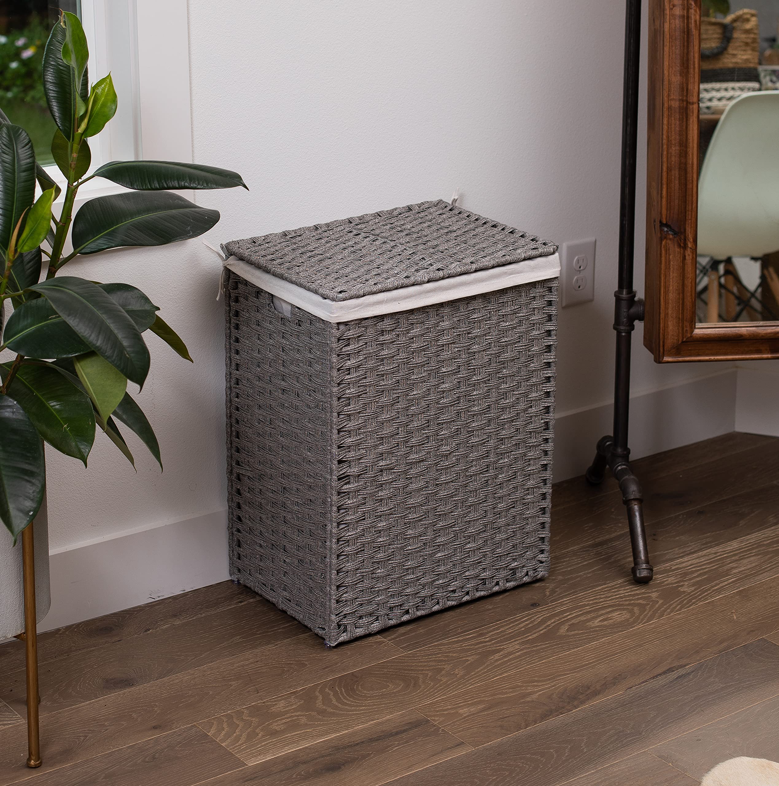 Single Laundry Hamper With Lid | Hand Woven Clothes Basket With Liner Bag | Small Collapsible Hampers | Foldable Synthetic Pe Ra
