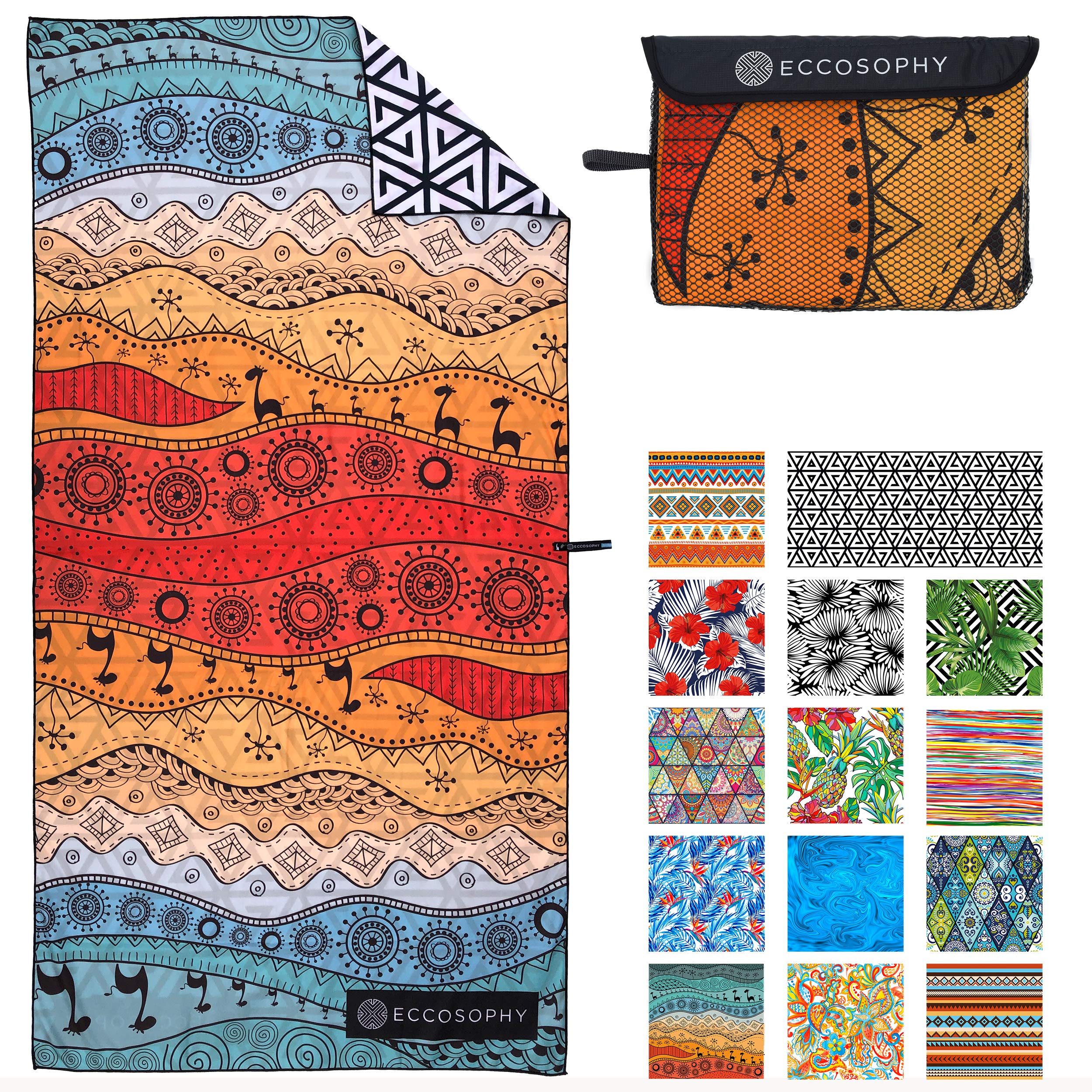 Eccosophy Microfiber Beach Towel For Adults - Quick Dry, Oversized Sand Free Pool Towel With Pouch For Travel (Marrakesh), Large