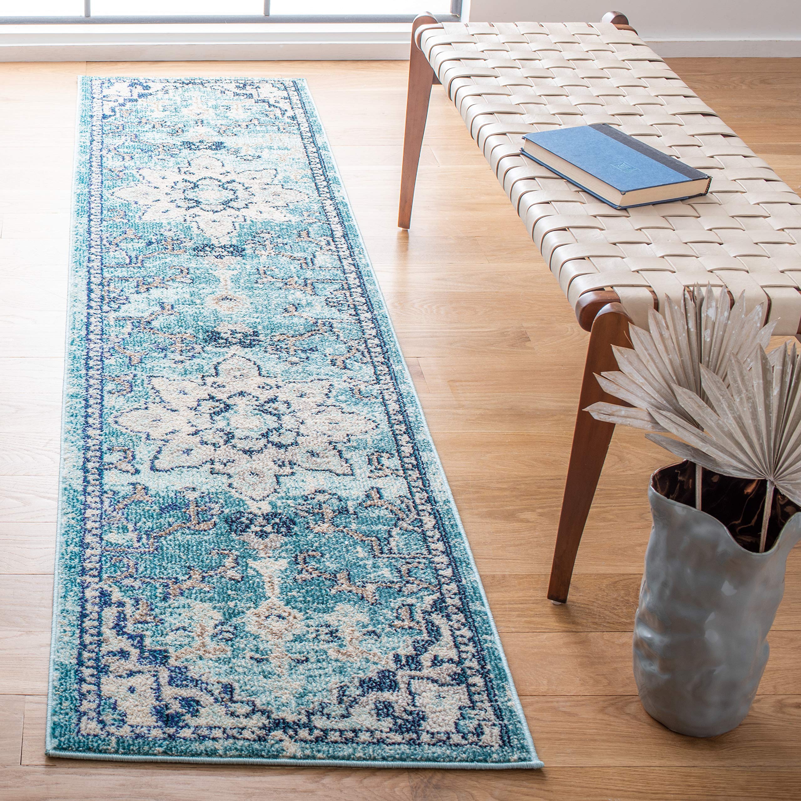 SAFAVIEH Madison Collection Runner Rug - 2 x 8, Teal & Navy, Boho Chic Medallion Distressed Design, Non-Shedding & Easy Care, 
