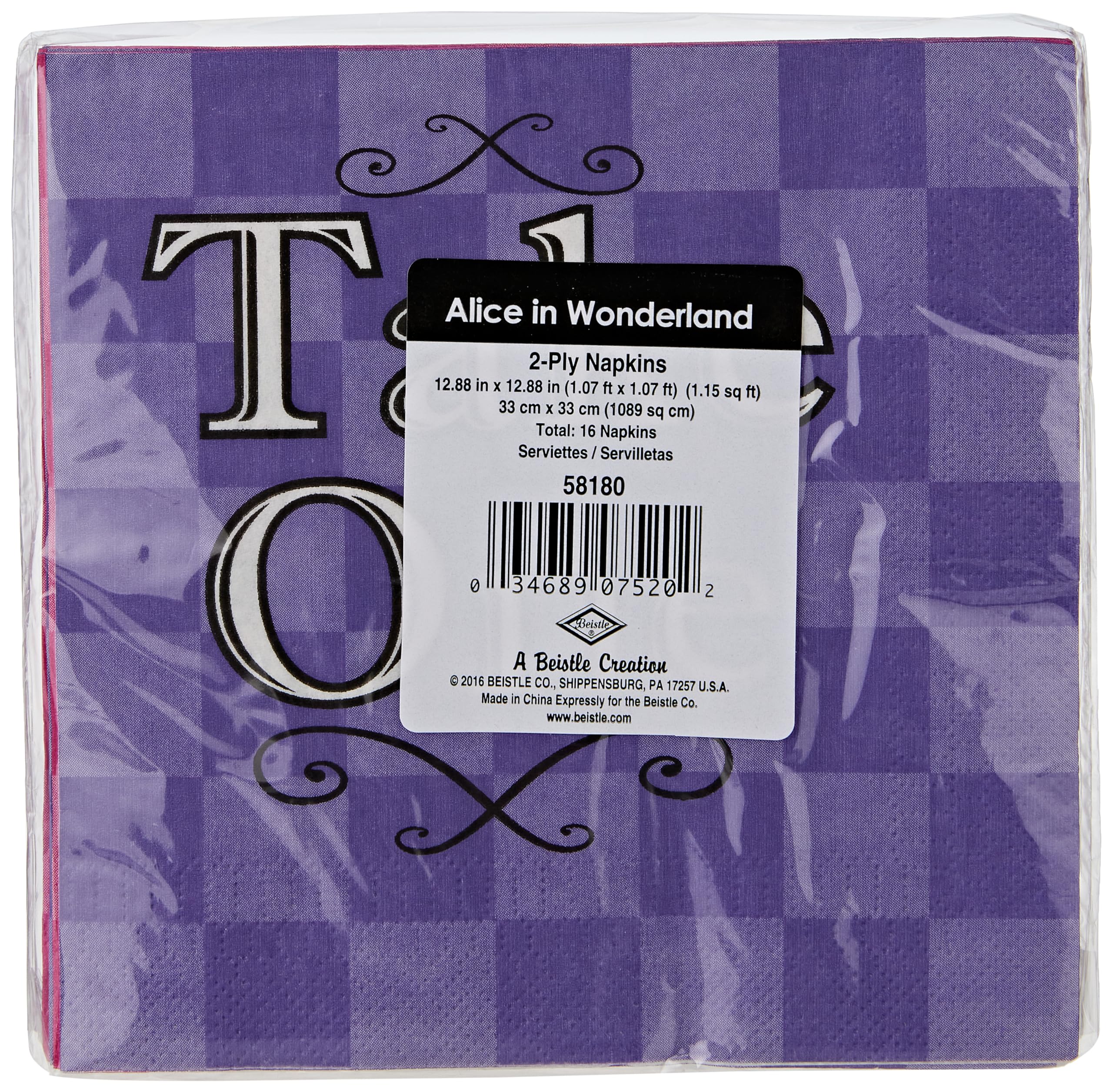 Beistle 58180, 48 Piece Alice In Wonderland Luncheon Napkins,Pink/Purple/White/Black