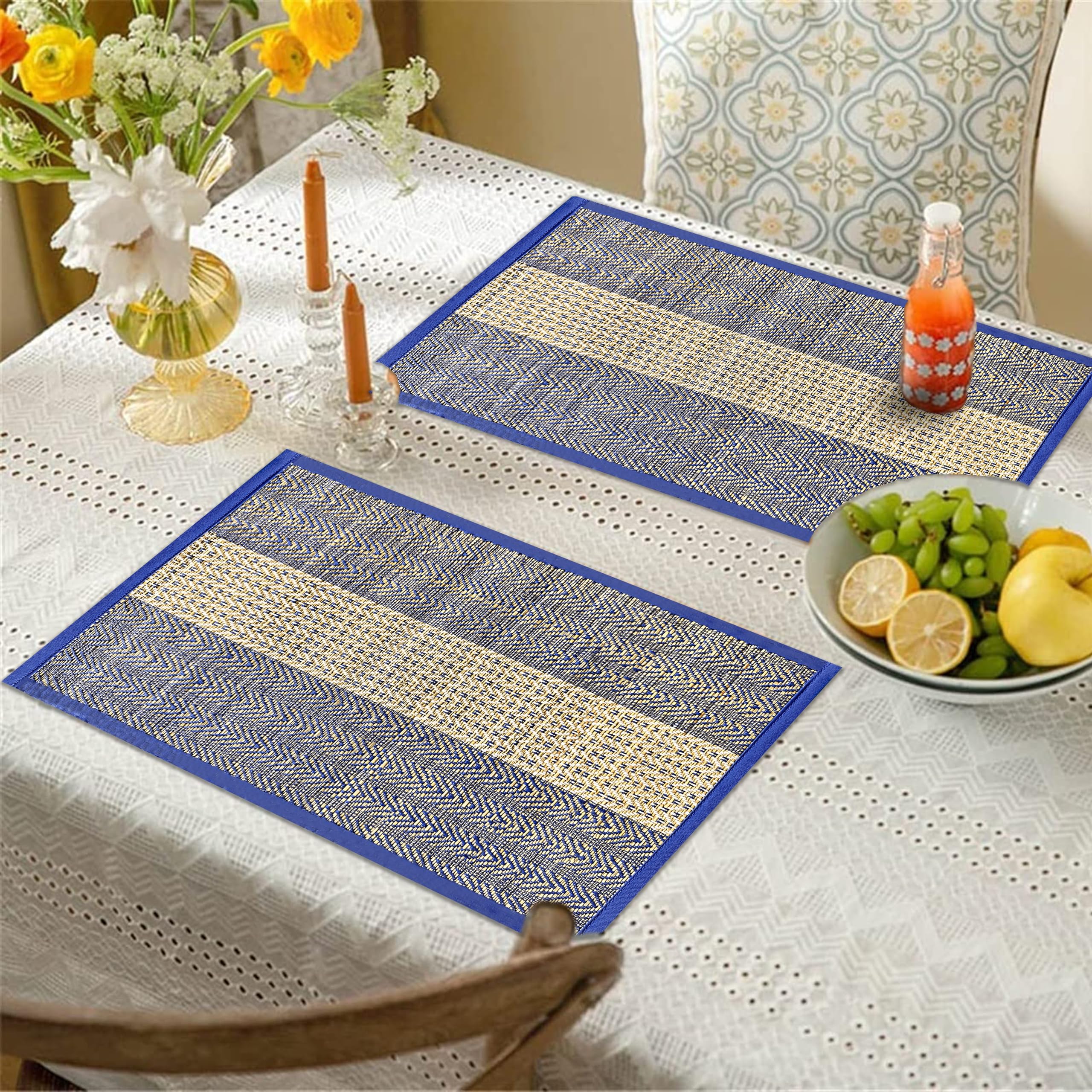 Kalatree Table Mats Set Of 2 Handmade Reversible Heat Resistant | River Grass Dining Placemats Zero Plastic | Natural Madurkathi