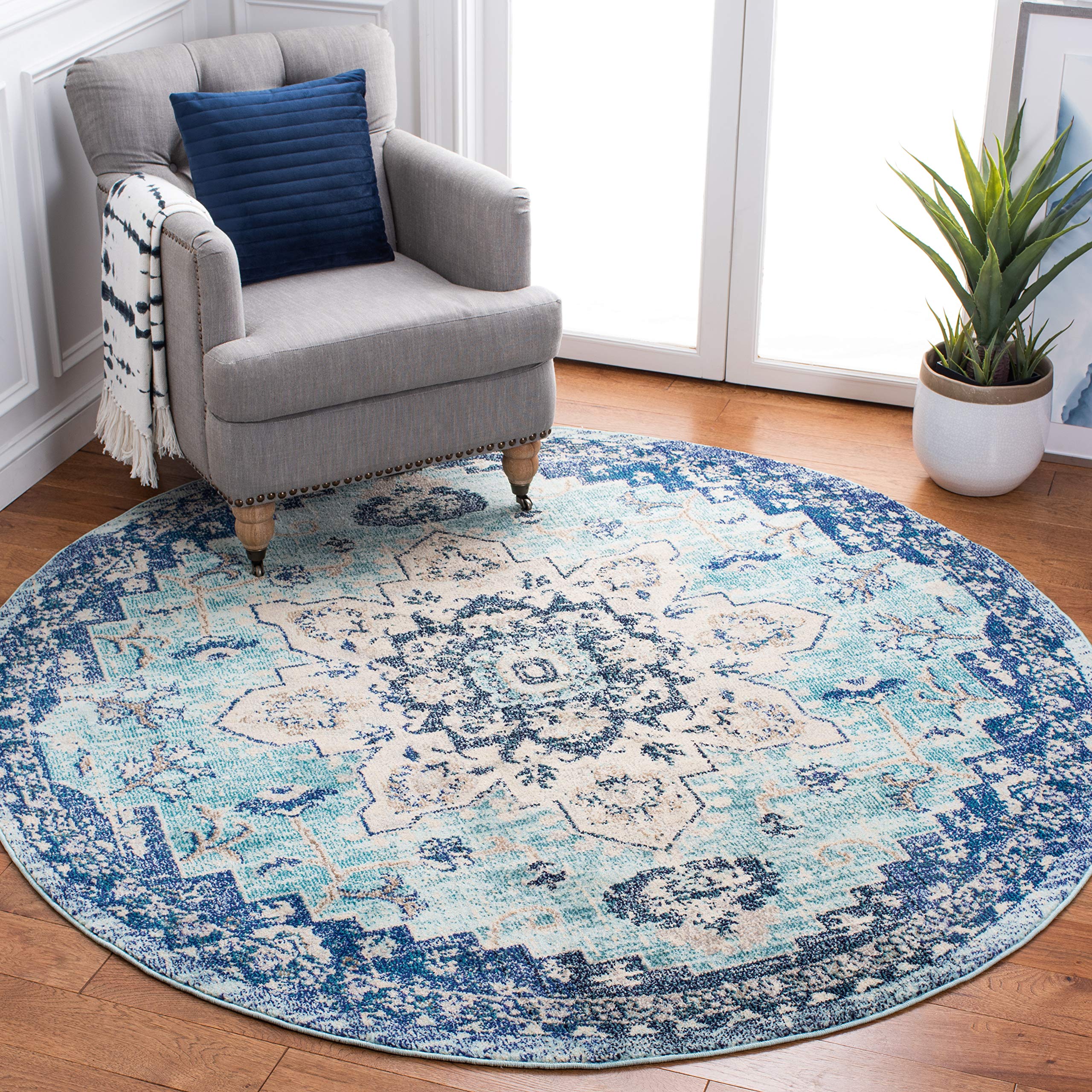 SAFAVIEH Madison Collection 67 Round Teal / Navy MAD473K Boho Chic Medallion Distressed Non-Shedding Dining Room Entryway Foyer