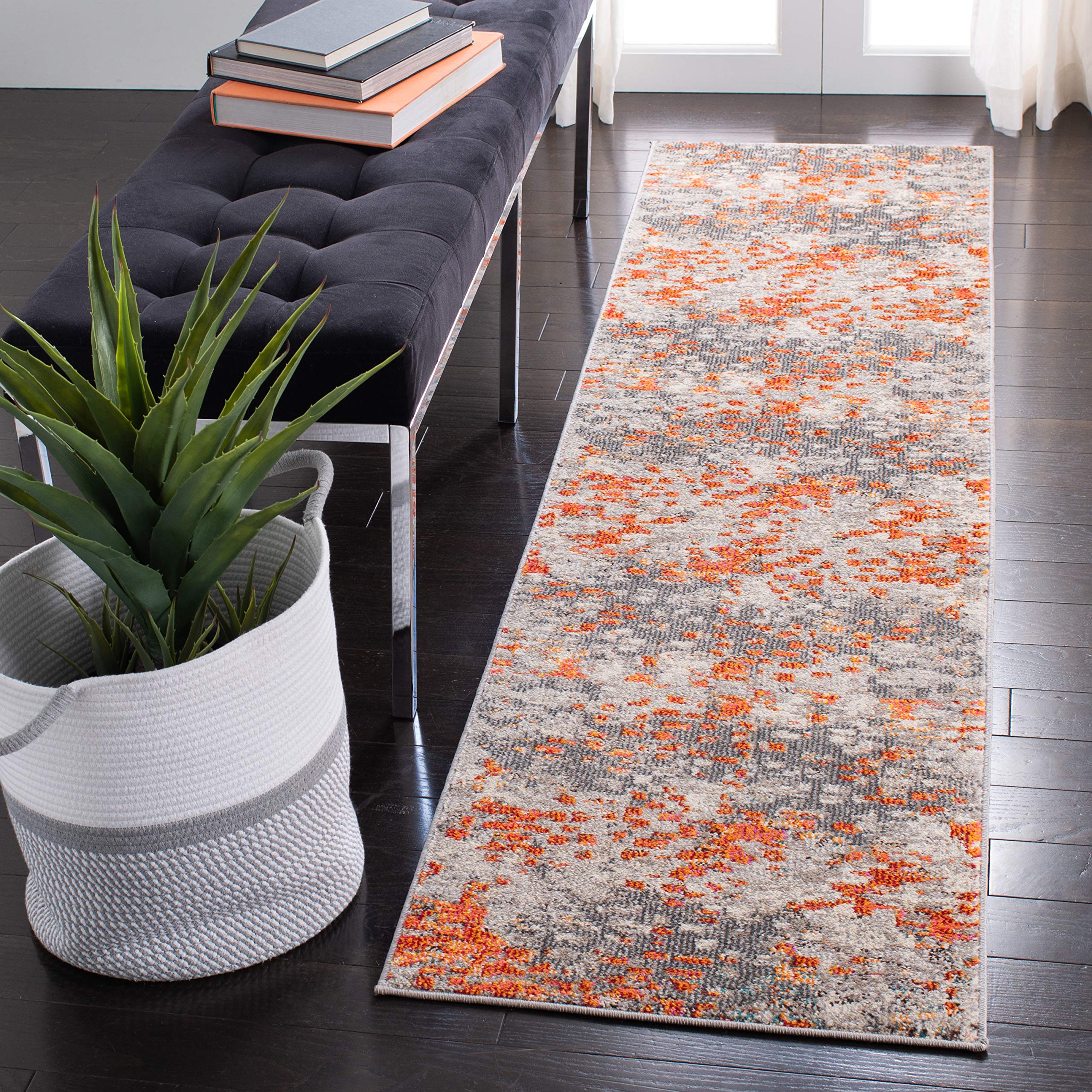 SAFAVIEH Madison Collection Runner Rug - 22 x 22, Grey & Orange, Boho Abstract Distressed Design, Non-Shedding & Easy Care, Id