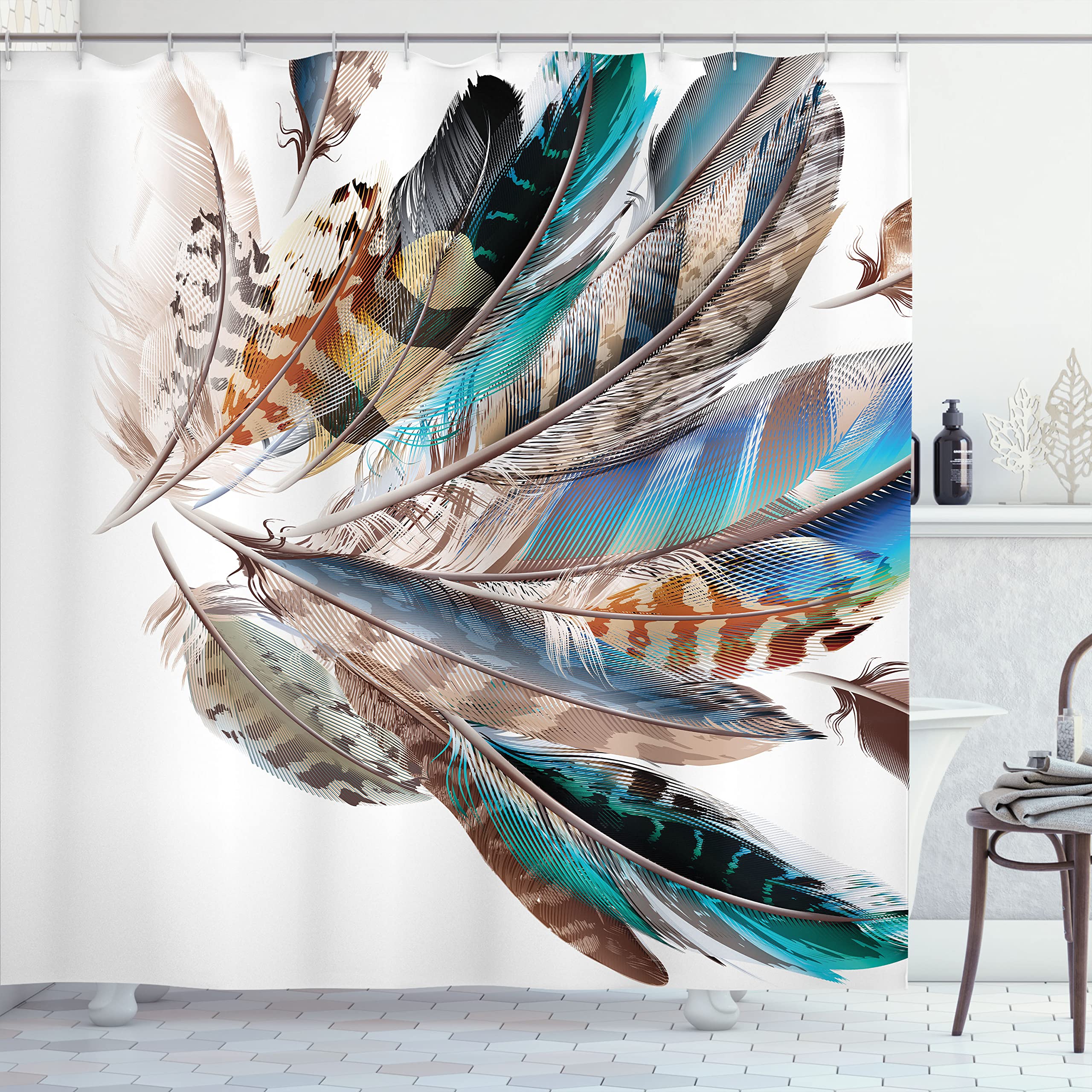 Ambesonne Feathers Shower Curtain Vaned Types And Natal Contour Flight Bird Feathers And Animal Skin Print Cloth Fabric For Bath