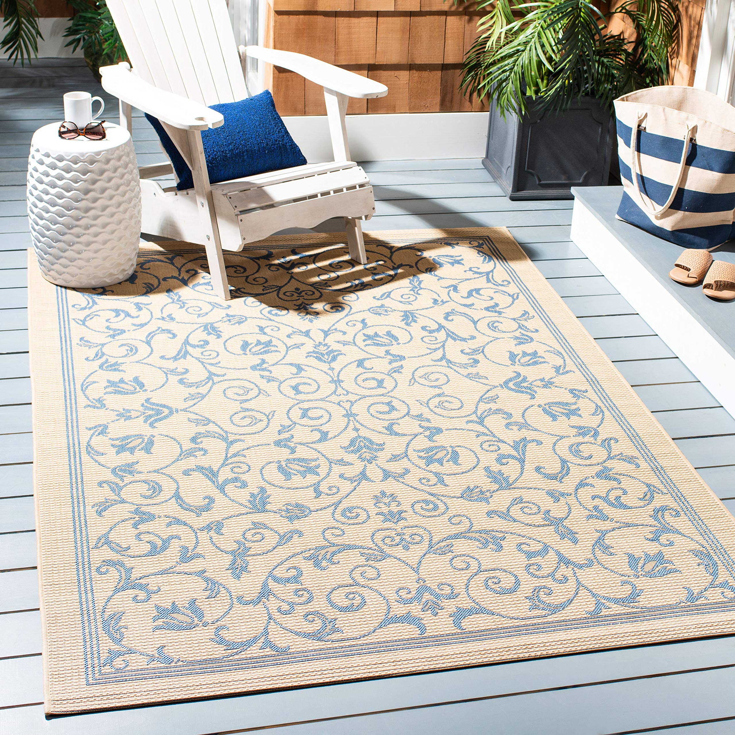 SAFAVIEH Courtyard Collection 53 x 77 Natural / Blue CY2098 Scroll Indoor/ Outdoor Waterproof Easy-Cleaning Patio Backyard Mud