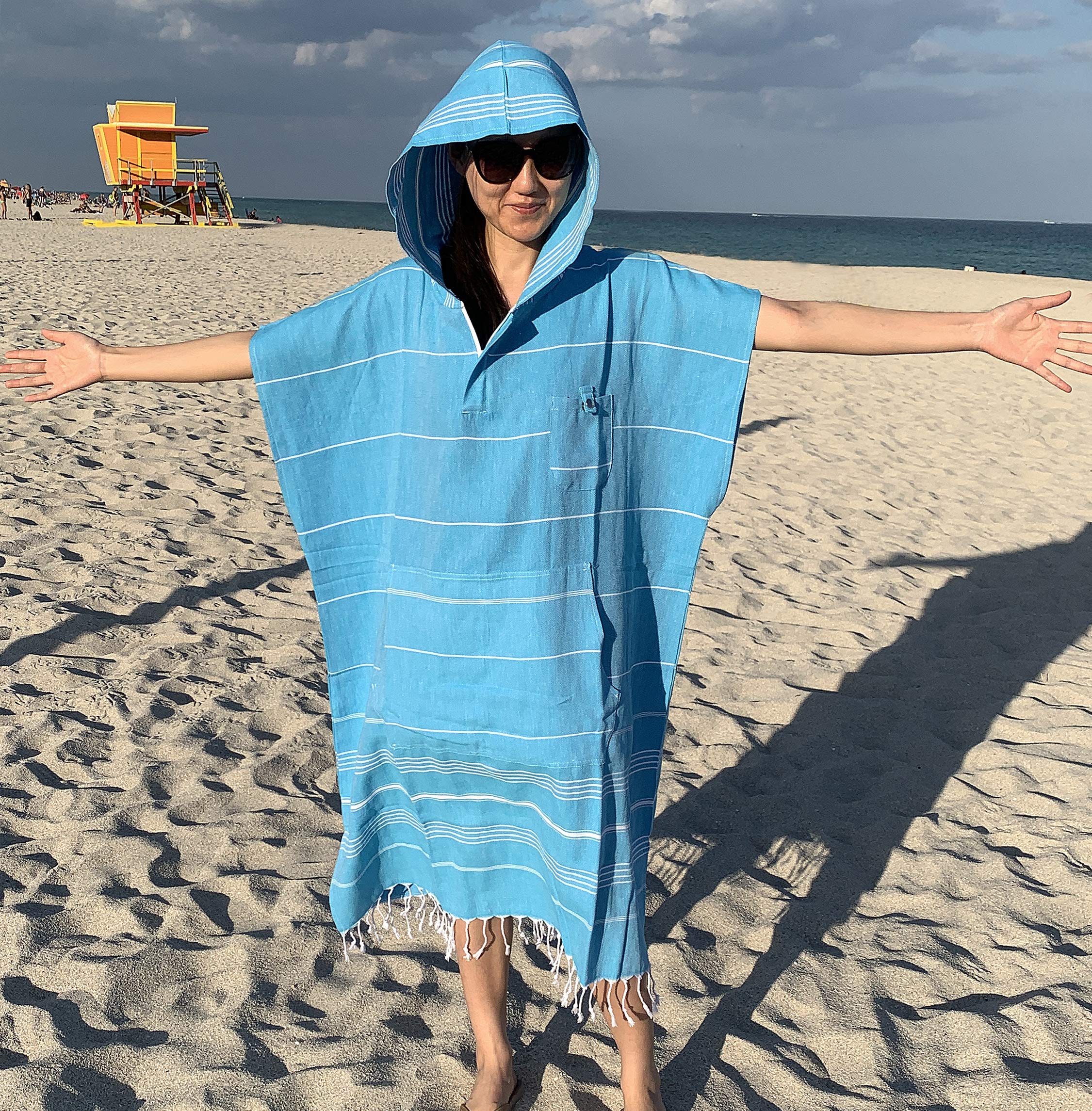 Aysesa Large Surf Poncho - Thin Turkish Cotton Beach Robe Hooded Wetsuit Changing Towel | Ultra Thin Quick Dry | Sandproof | 100