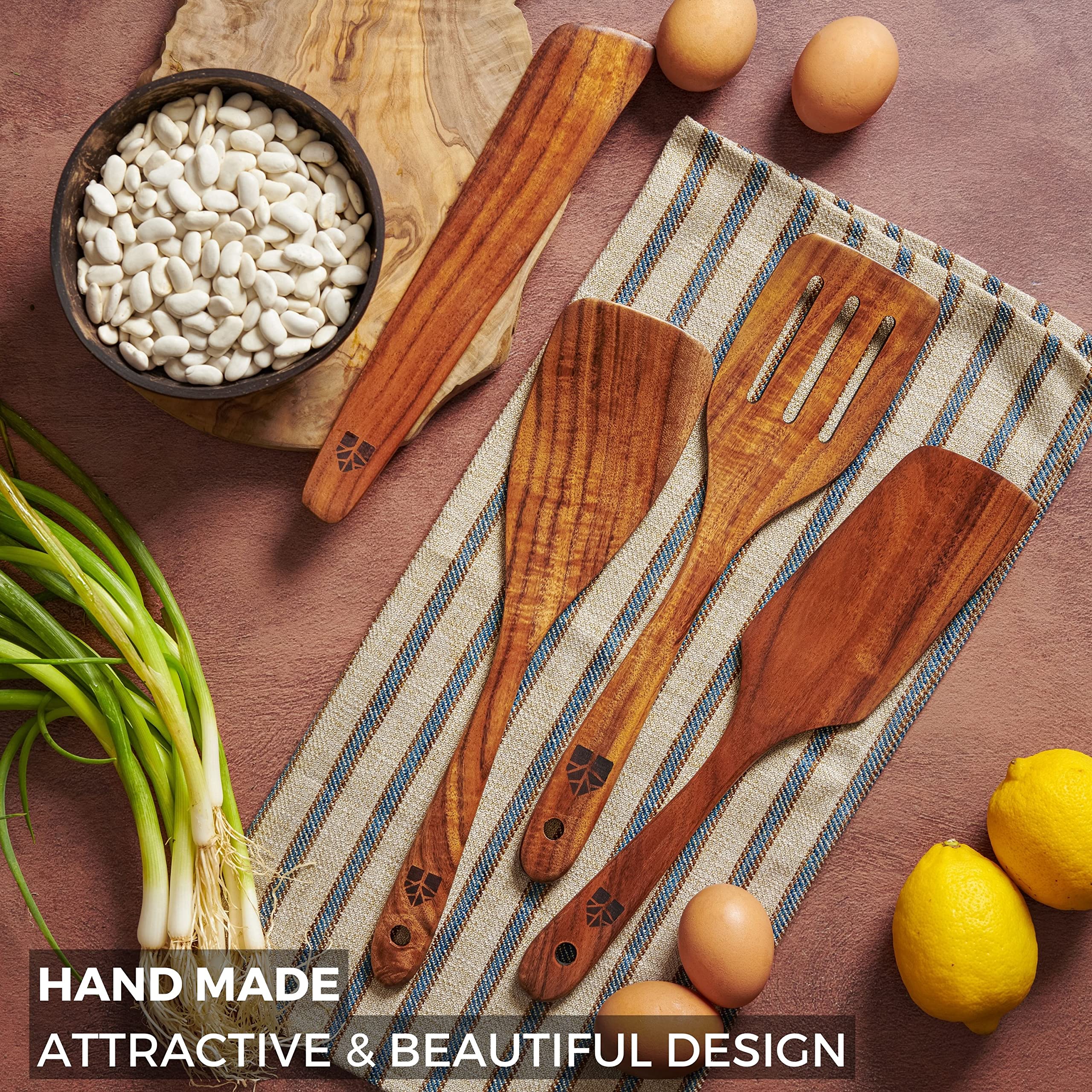 Wooden Spatula for Cooking  Kitchen Set of 4  Natural Teak Wooden Utensils including Paddle  Turner Spatula  Slotted Spatula and Wood Scraper. Nonstick cookware.