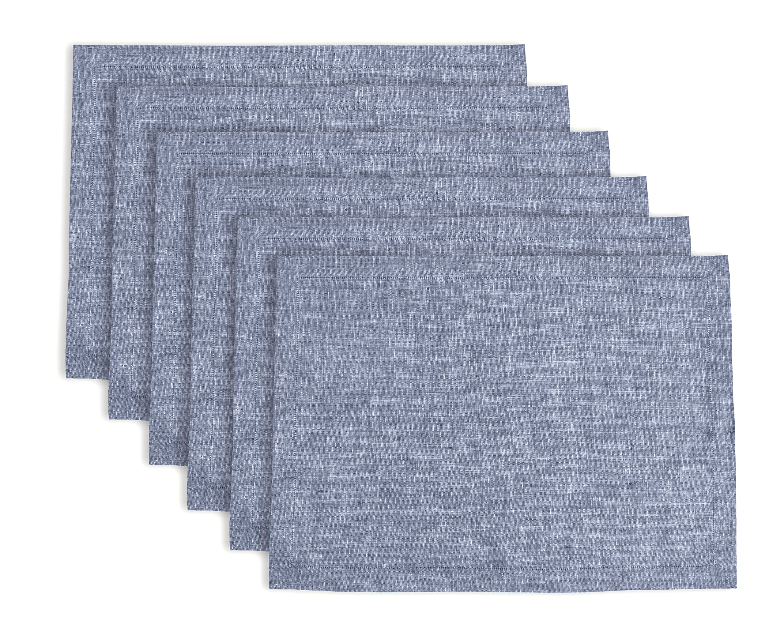 Solino Home Linen Placemats 19'' L X 14'' W Inch - 100% Pure Linen Chambray Indigo Cloth Placemats Set Of 6 - Athena, Washable F