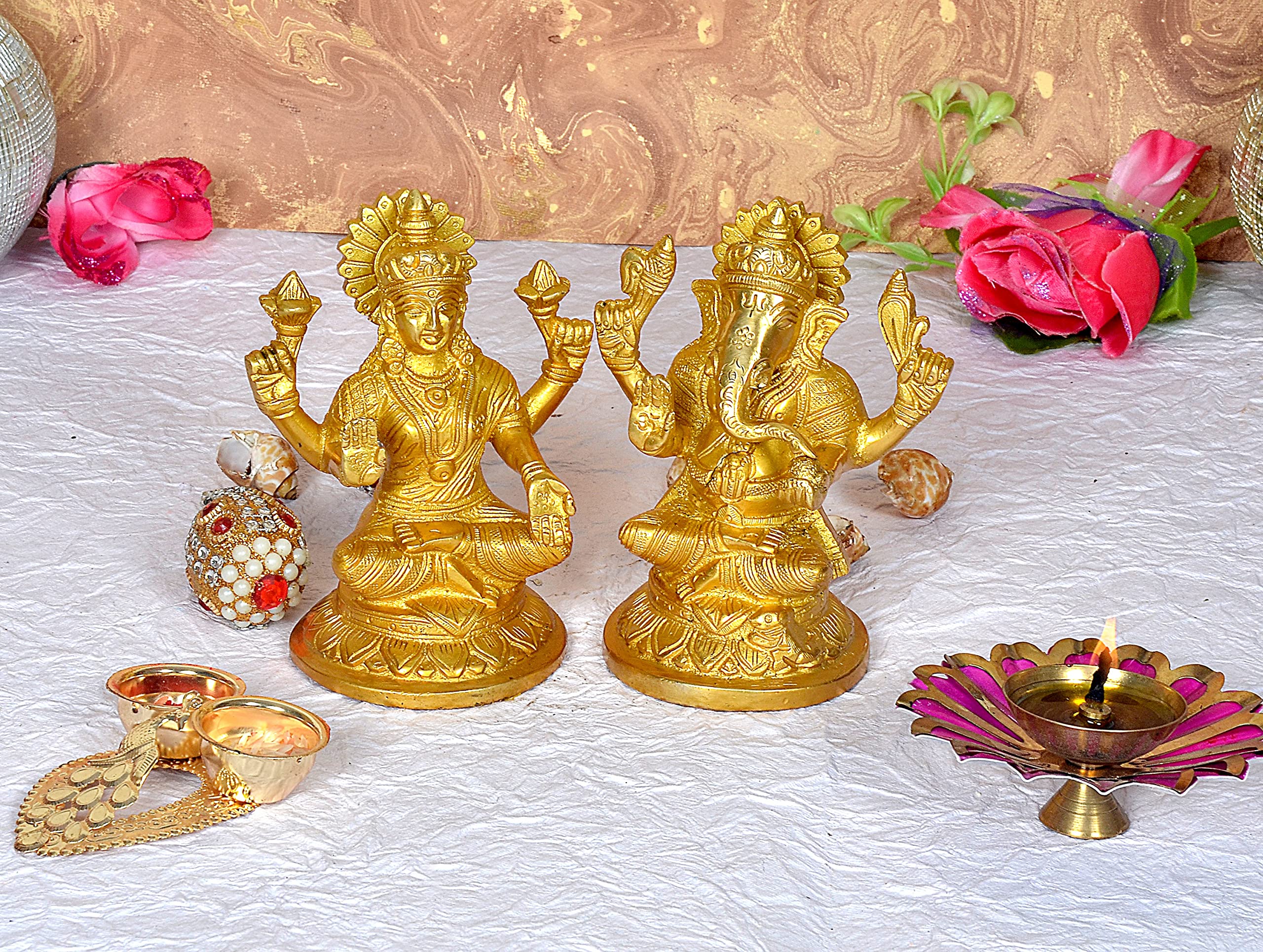 Aona Lord Ganesha Lakshmi Idol Brass Statue Lakshmi Ganesha Murti | Laxmi Ganesh Idol Height 5 Inch