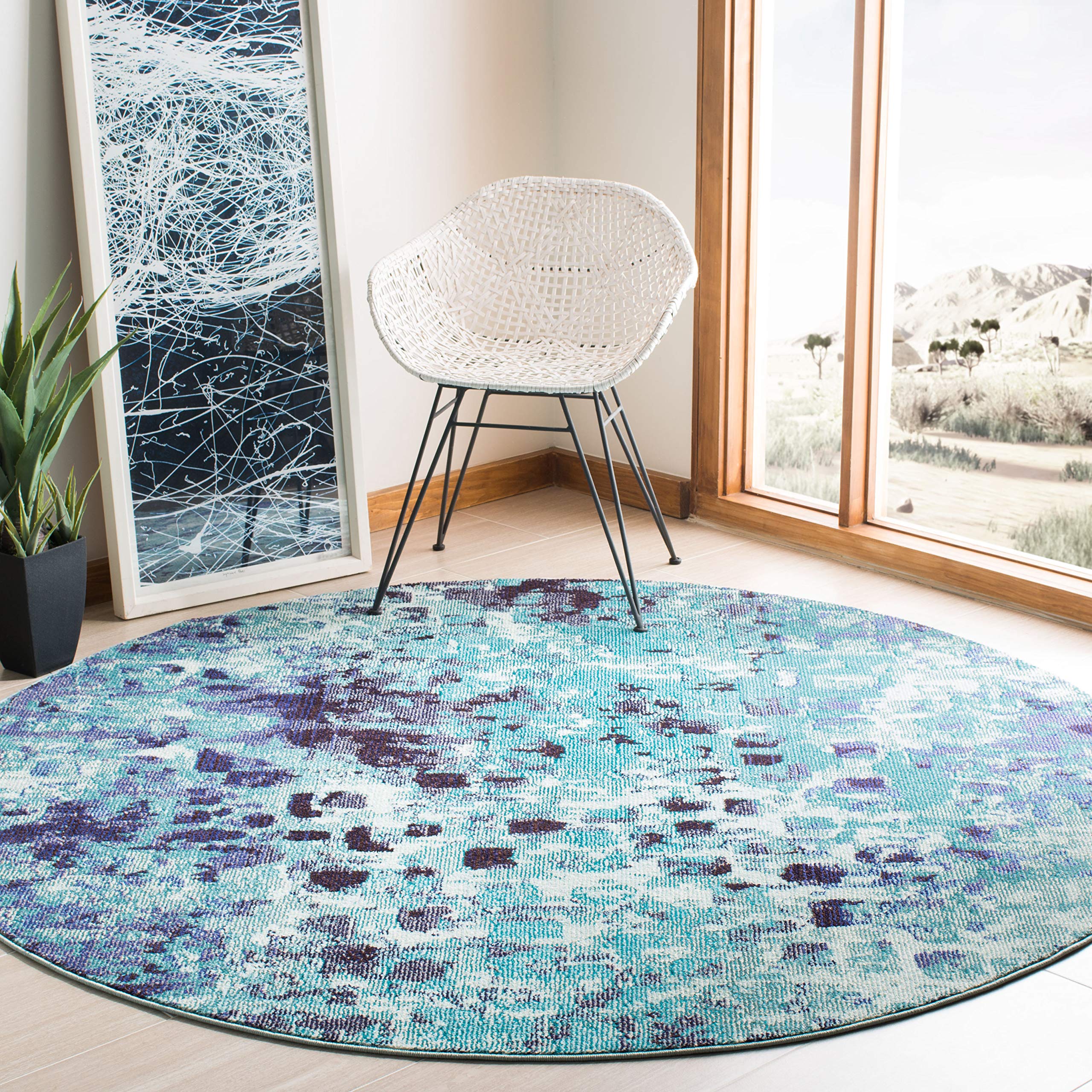 SAFAVIEH Madison Collection Area Rug - 3 Round, Turquoise & Navy, Boho Abstract Distressed Design, Non-Shedding & Easy Care, Id