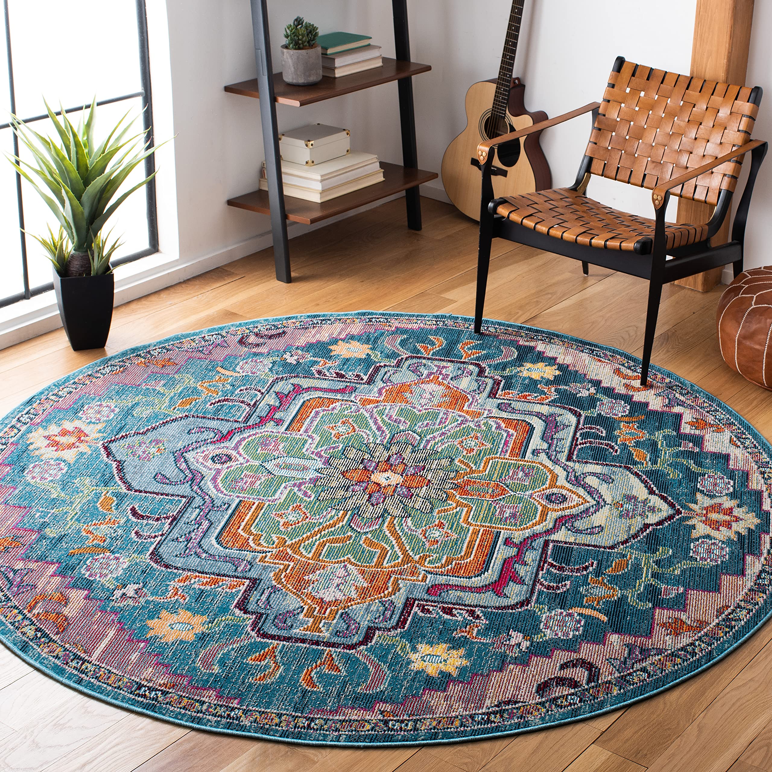 SAFAVIEH Crystal Collection Area Rug - 9 Round, Teal & Rose, Medallion Distressed Design, Non-Shedding & Easy Care, Ideal for H