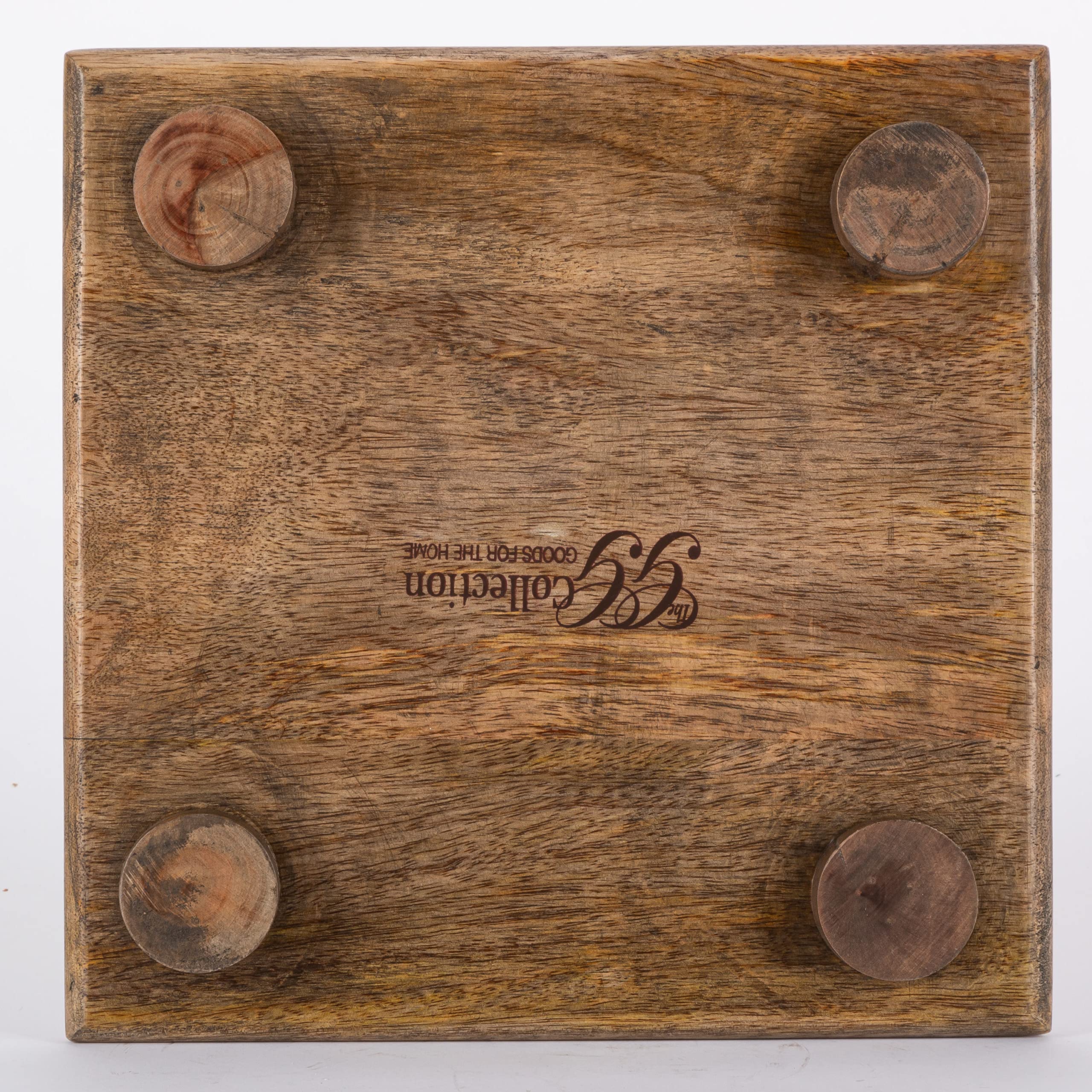 10-Inch Square Metal Inlaid-Detail Footed Wood Trivet