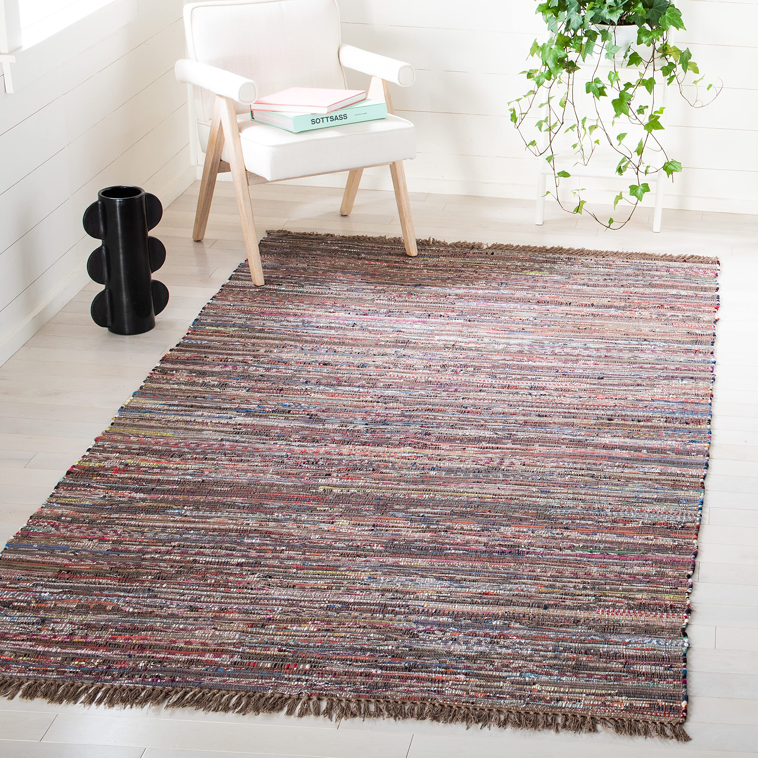 SAFAVIEH Rag Rug Collection Area Rug - 5 x 8, Rust & Multi, Handmade Boho Stripe Cotton, Ideal for High Traffic Areas in Livin